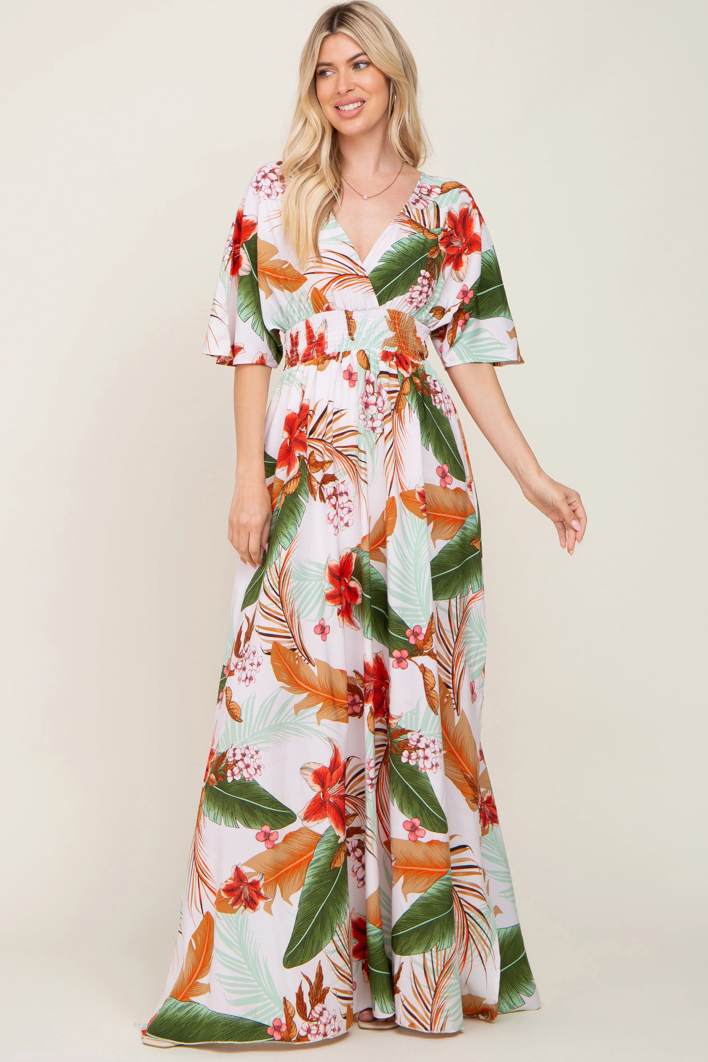 White Floral Smocked Waist Maternity Maxi Dress - Image 7