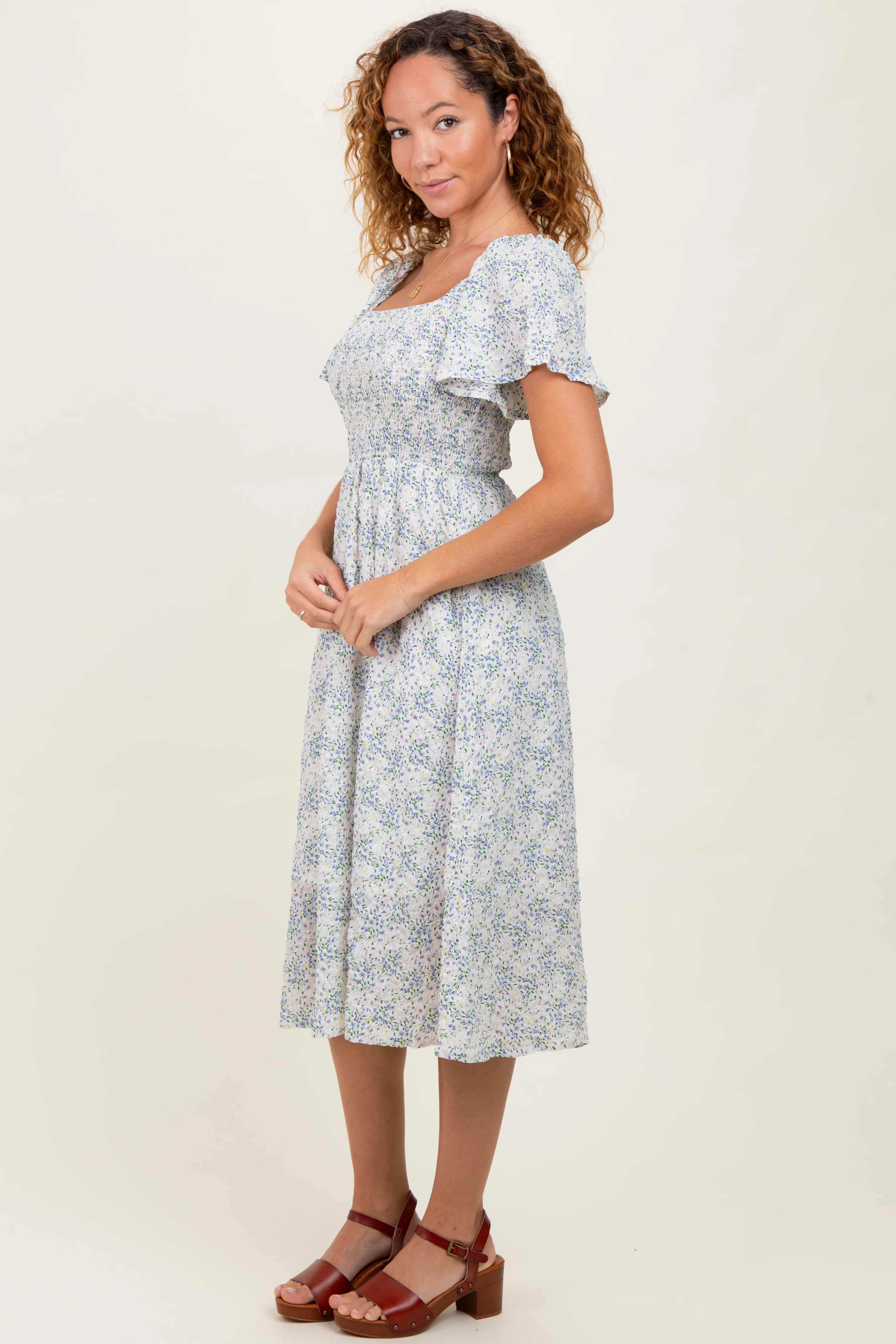 White Floral Square Neck Smocked Midi Dress - Image 3