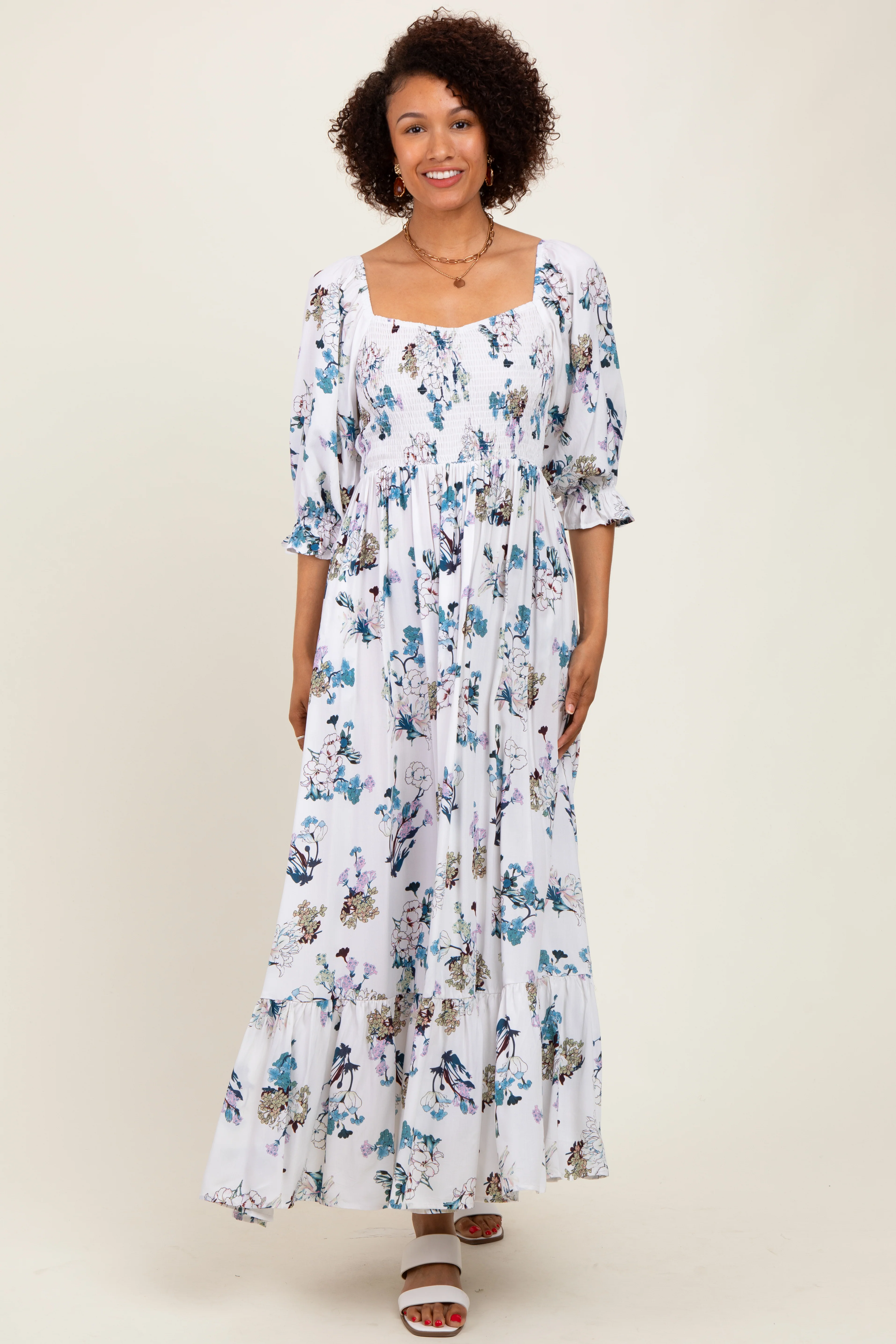 White Floral Sweetheart Puff Sleeve Maternity Maxi Dress - Image 4
