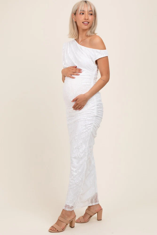 White Lace Asymmetrical Ruched Maternity Maxi Dress - Image 3