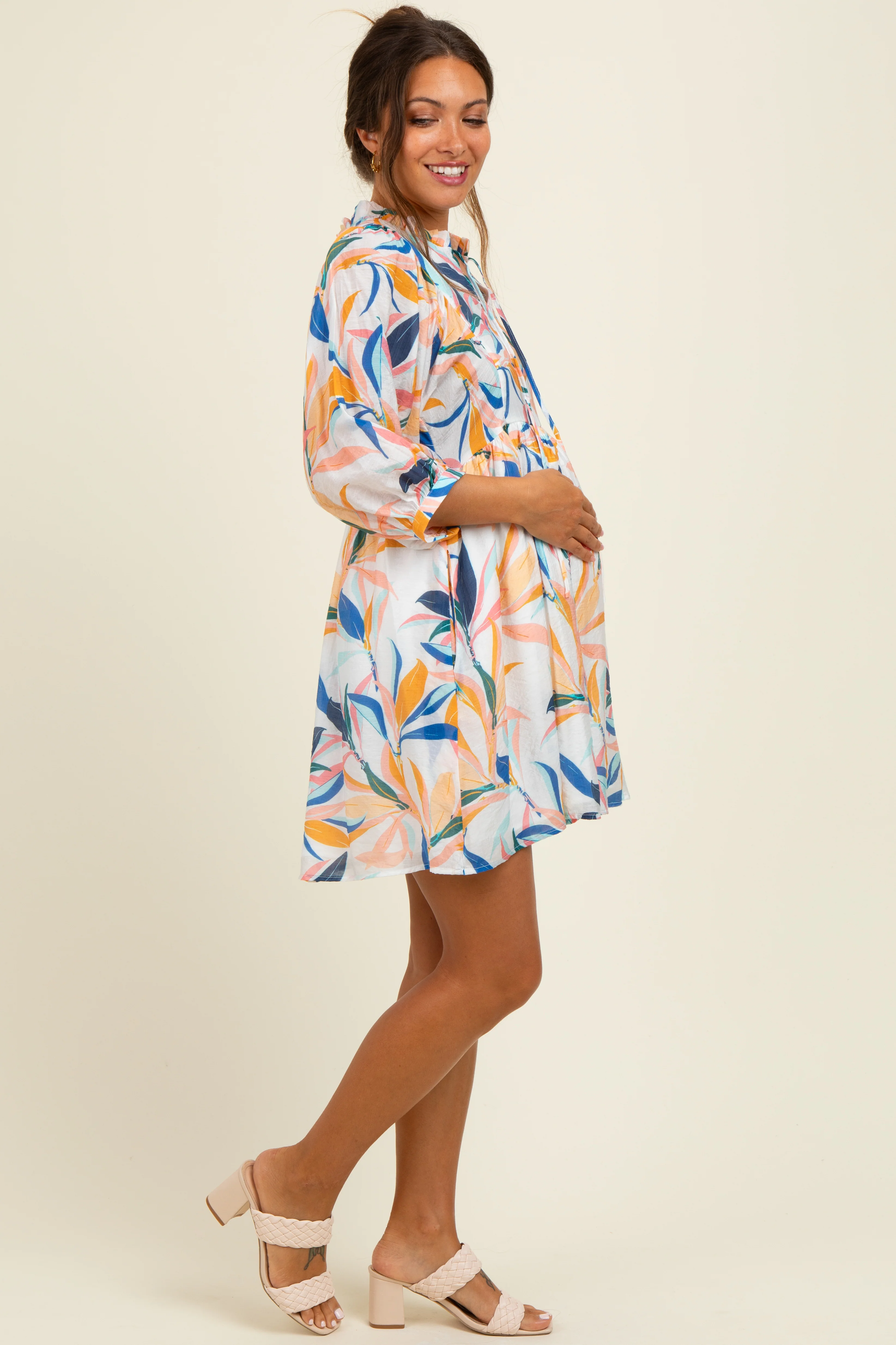 White Leaf Print Front Tie 3/4 Sleeve Maternity Dress - Image 3