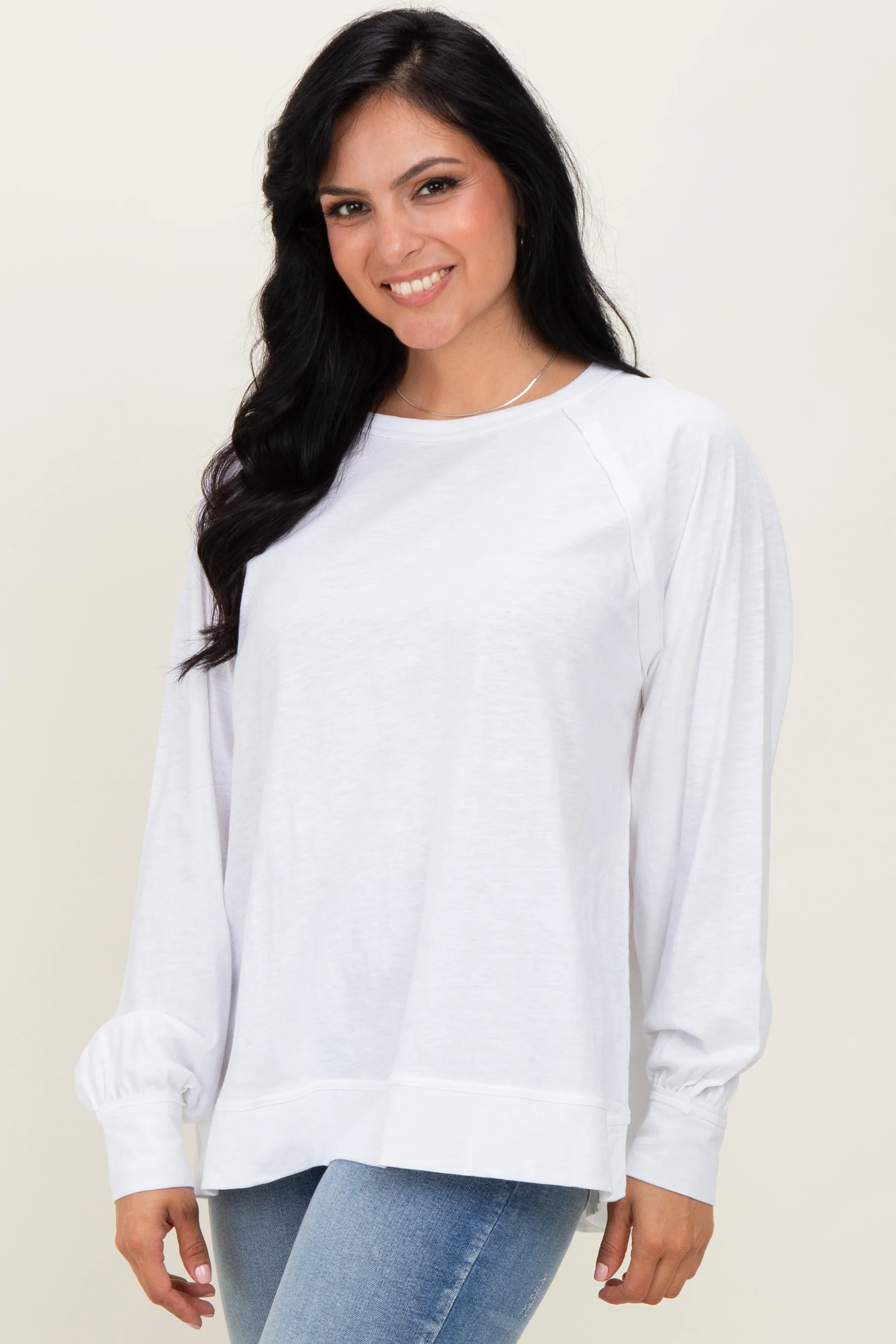 White Oversized Cotton Slub Long Sleeve Top - Image 3