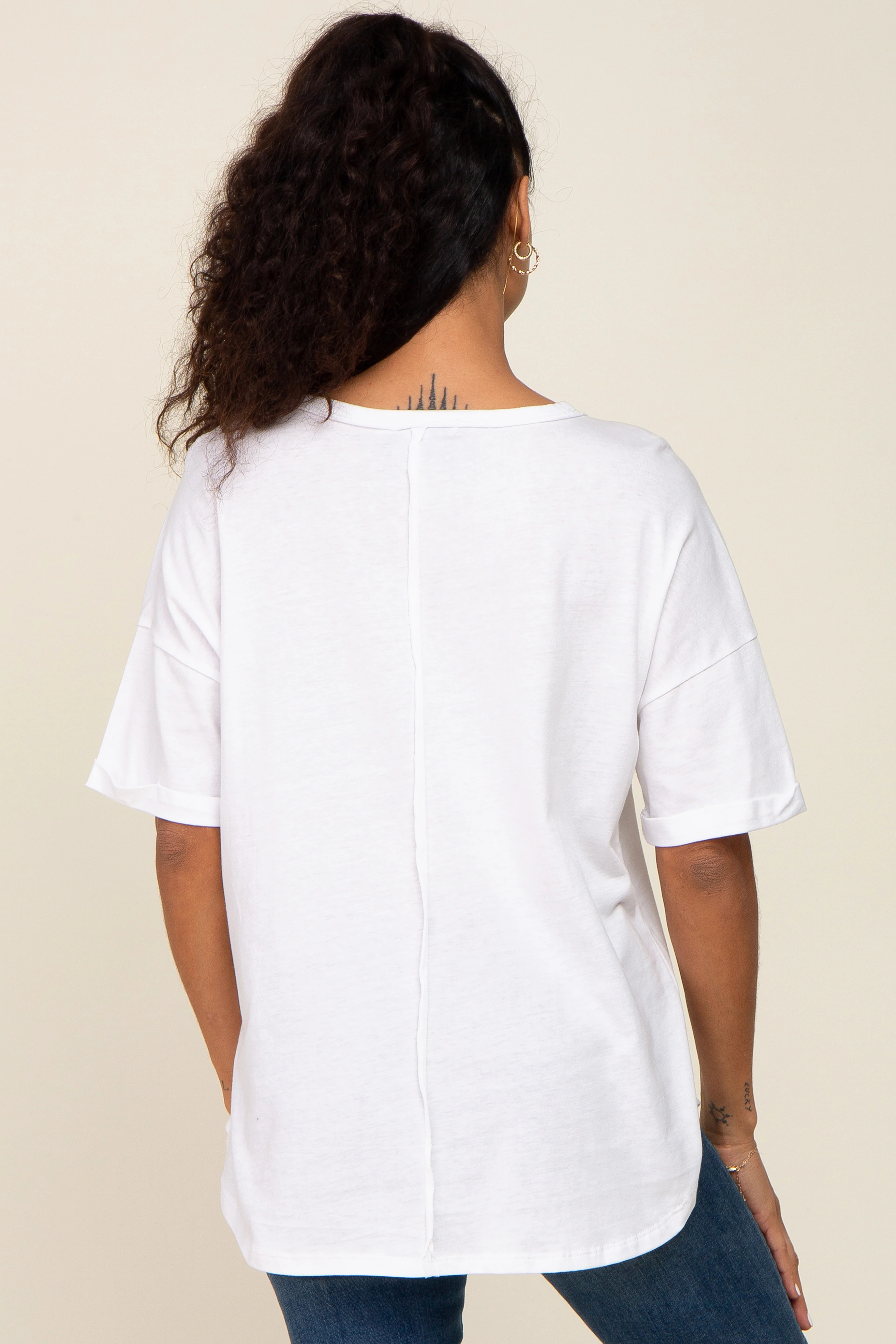 White Oversized V-Neck Cuffed Short Sleeve Tee - Image 3