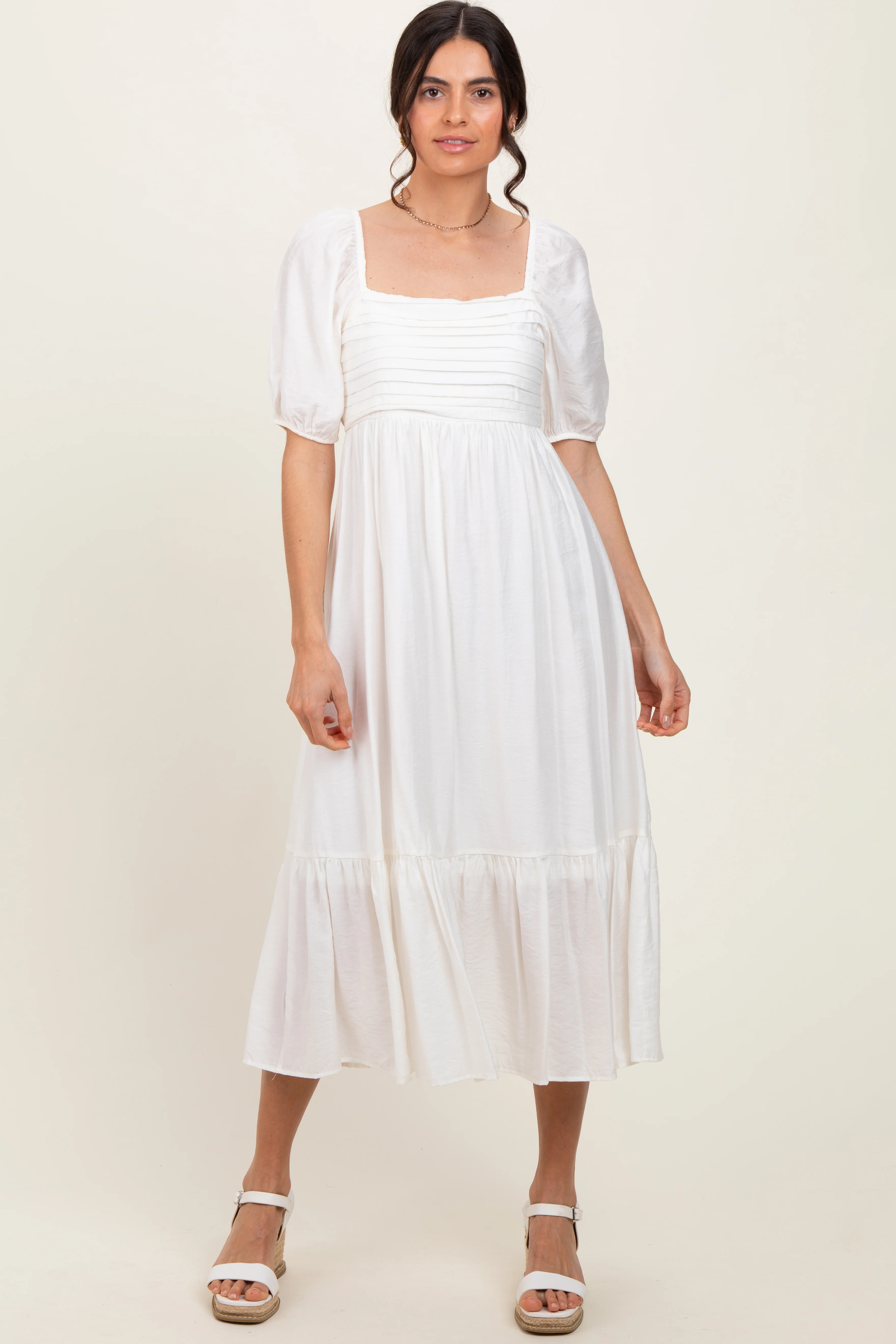 White Pleated Bodice Puff Sleeve Maternity Midi Dress - Image 5