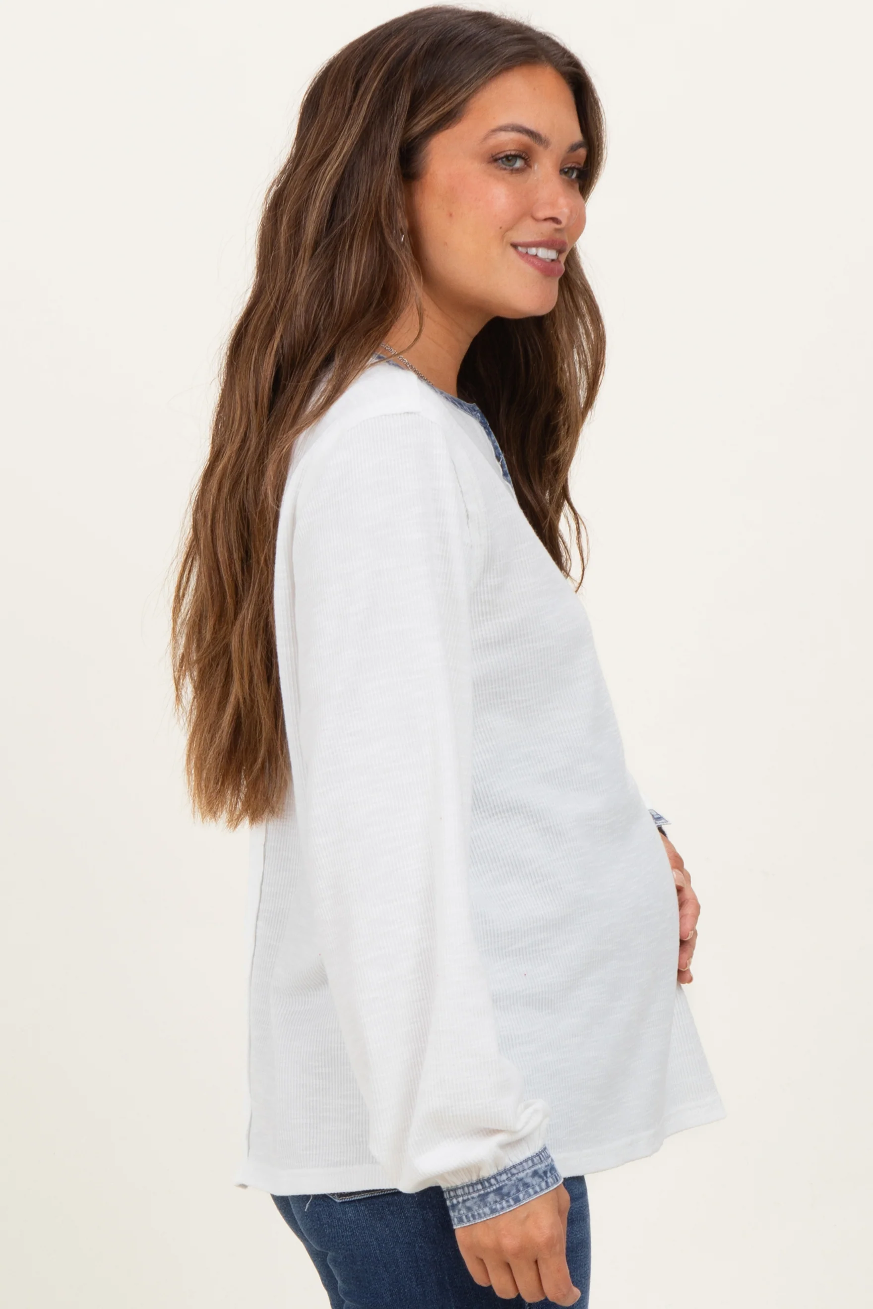 White Rib Knit Casual Maternity Henley Top - Image 3