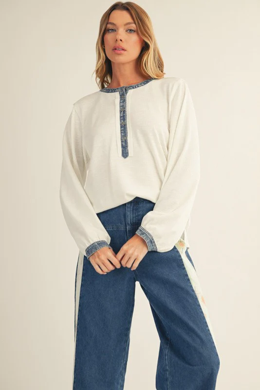 White Rib Knit Casual Maternity Henley Top - Image 5
