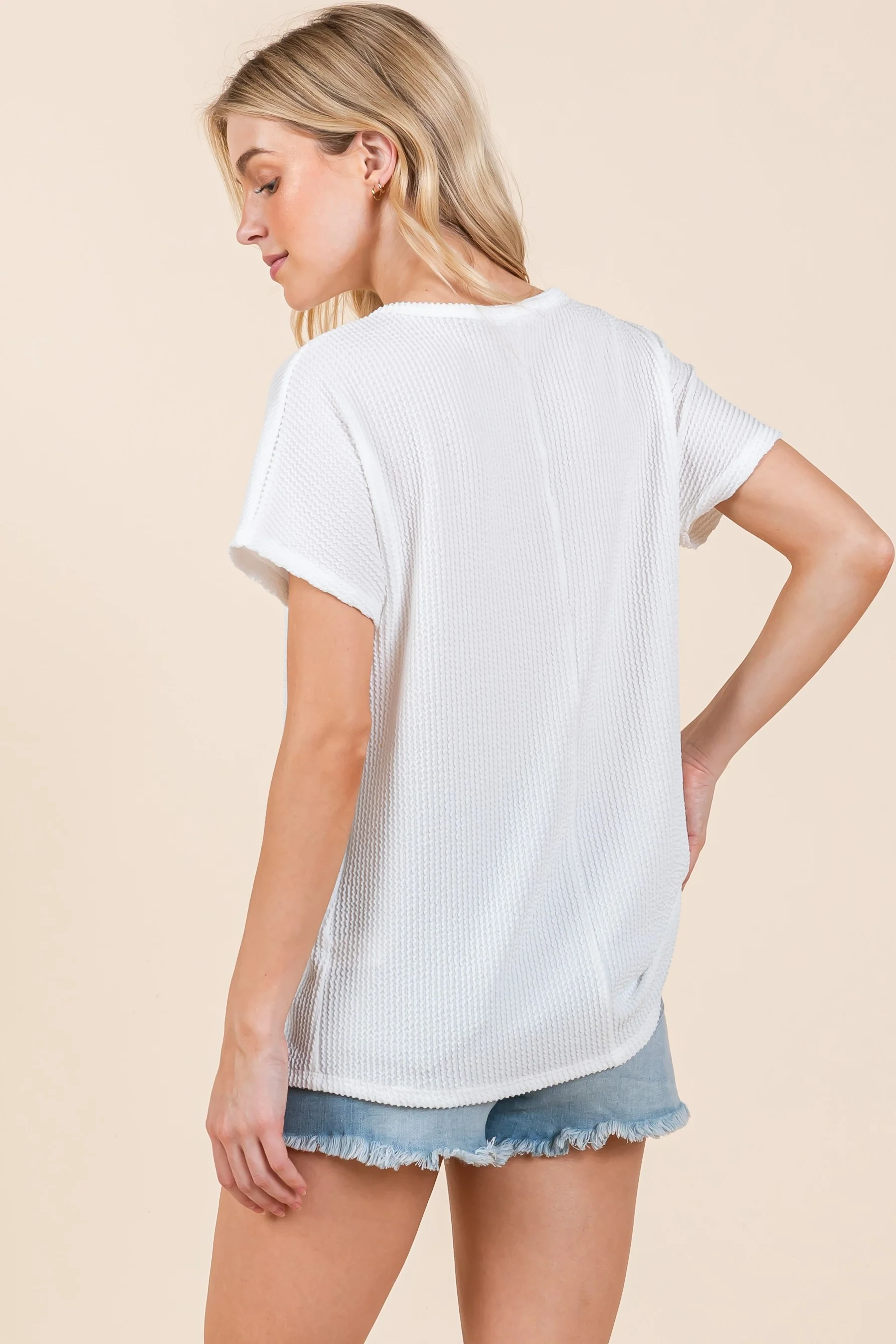 White Ribbed Notched Neckline Top - Image 3