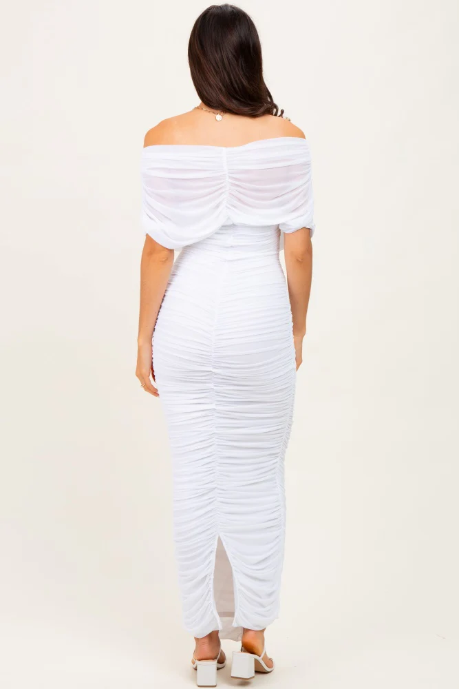 White Ruched Mesh Foldover Off Shoulder Maxi Dress - Image 4