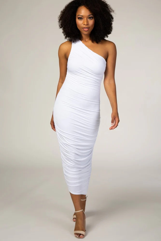 White Ruched One Shoulder Dress - Image 4