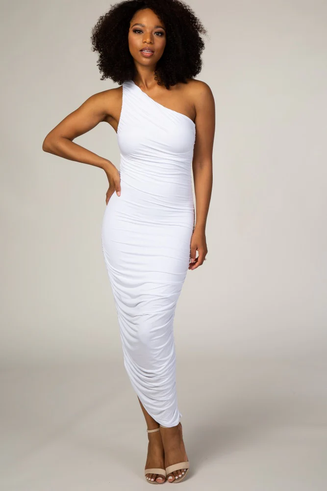 White Ruched One Shoulder Maternity Dress - Image 14