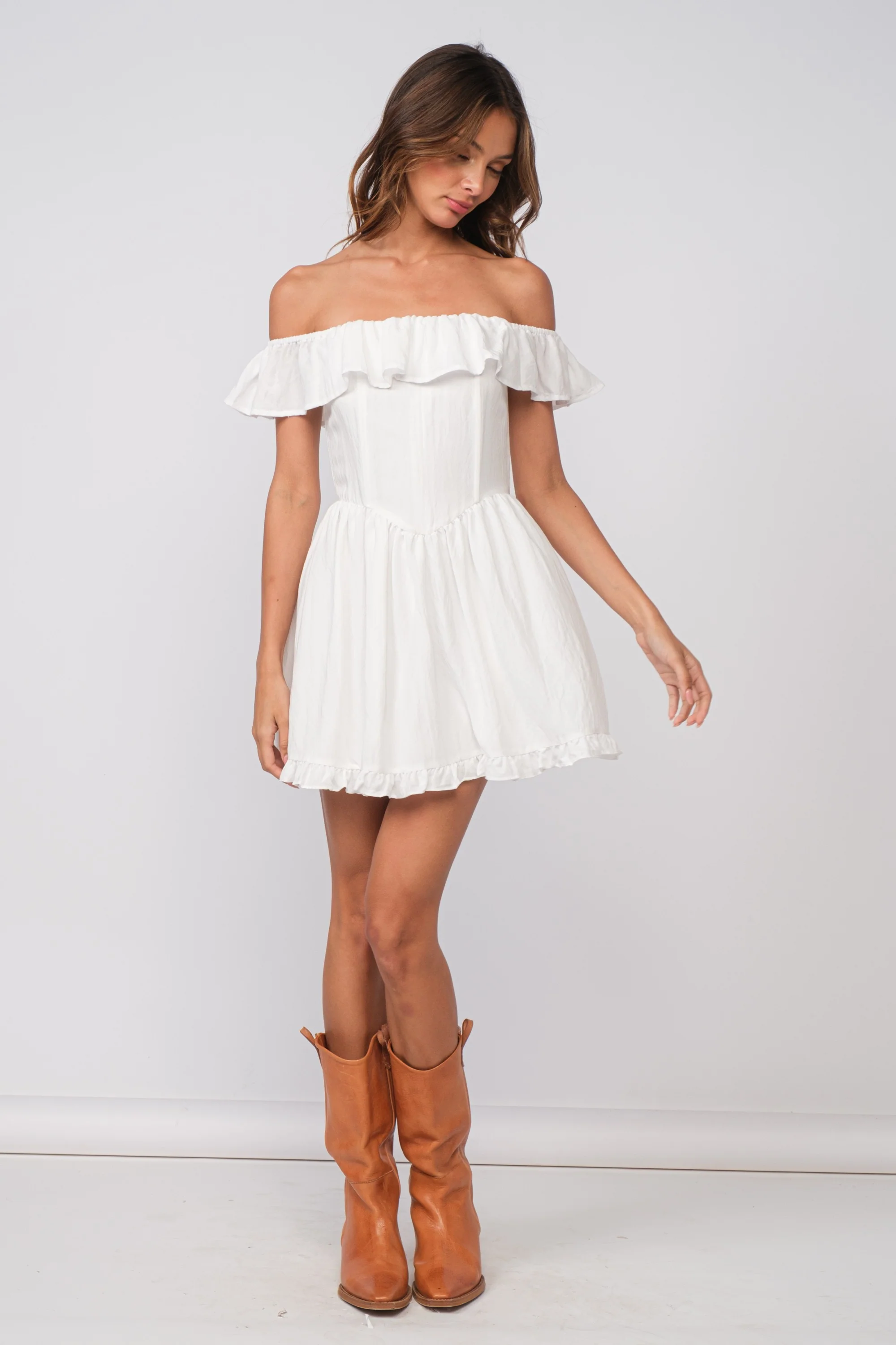 White Ruffle Off Shoulder Drop-Waist Mini Dress - Image 4