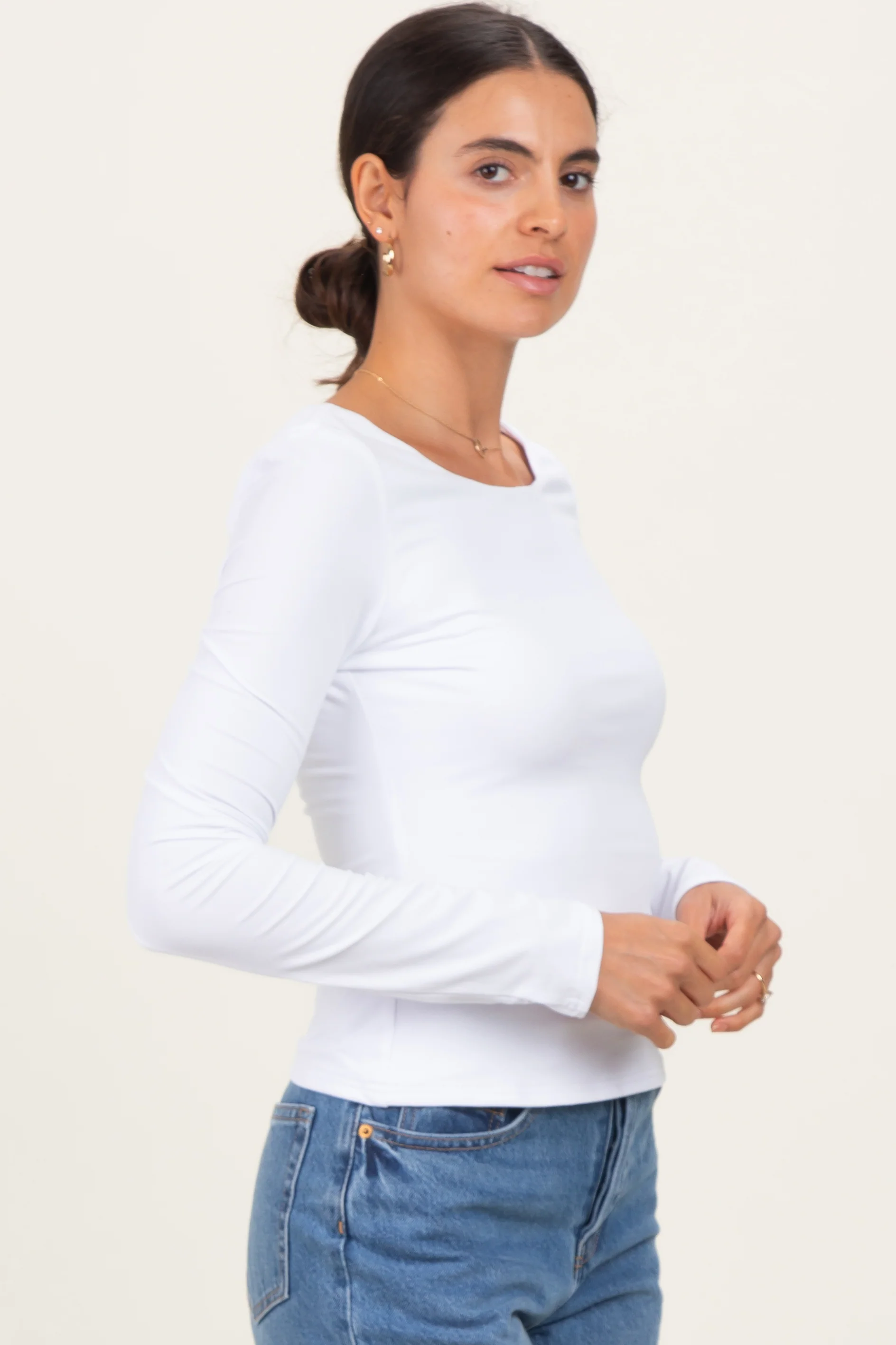 White Scoop Neck Long Sleeve Top - Image 3