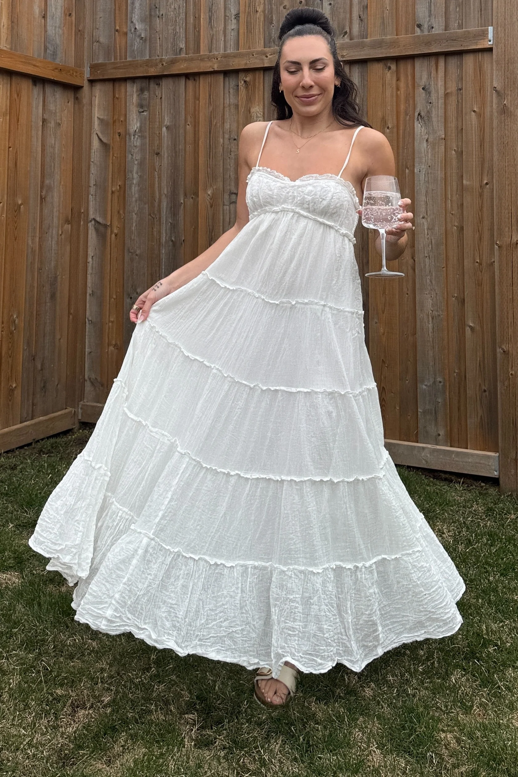 White Shirred Bust Ruffle Tiered Maxi Dress - Image 5