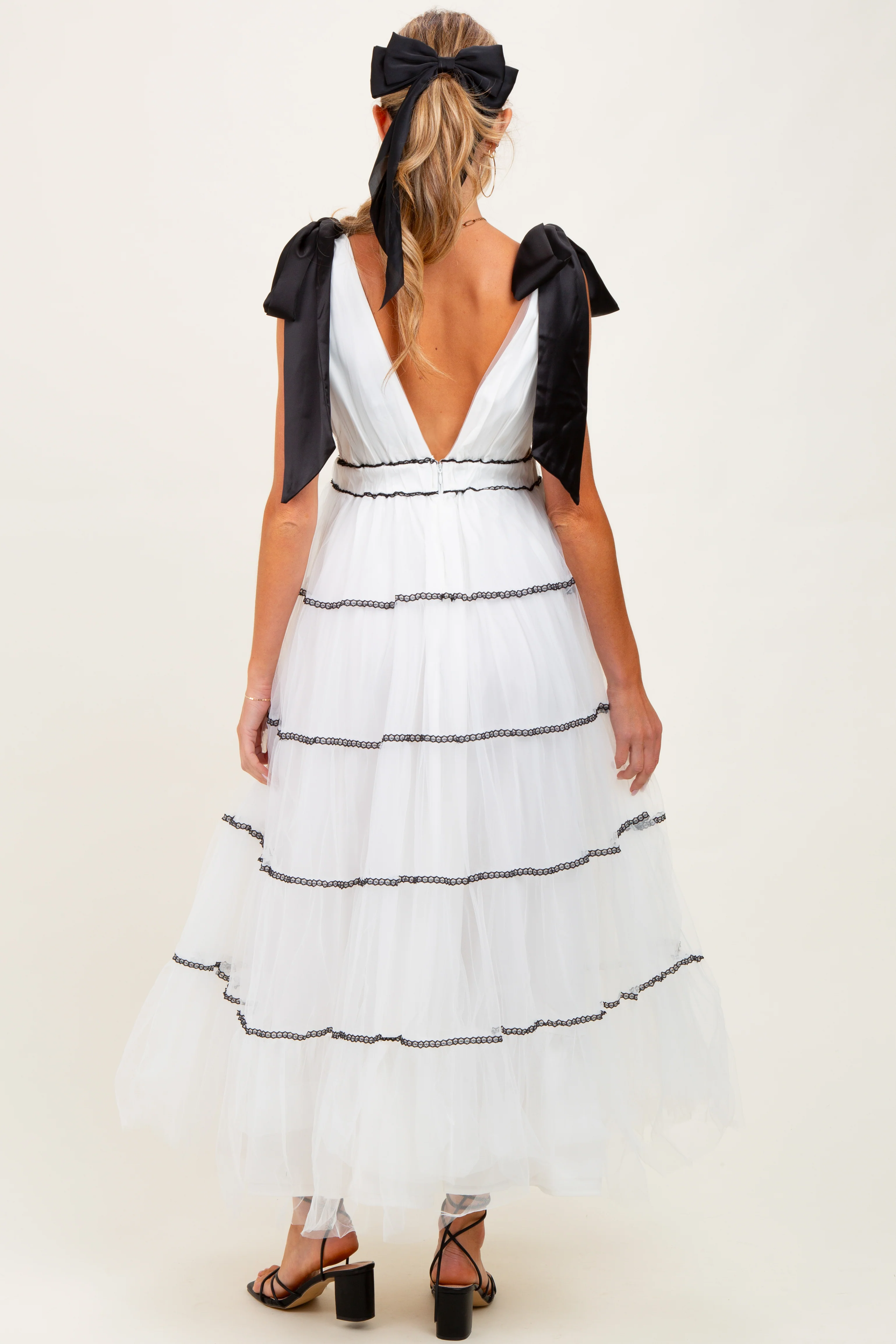 White Shoulder Bow Tie Lace Detail Tulle Maternity Midi Dress - Image 4