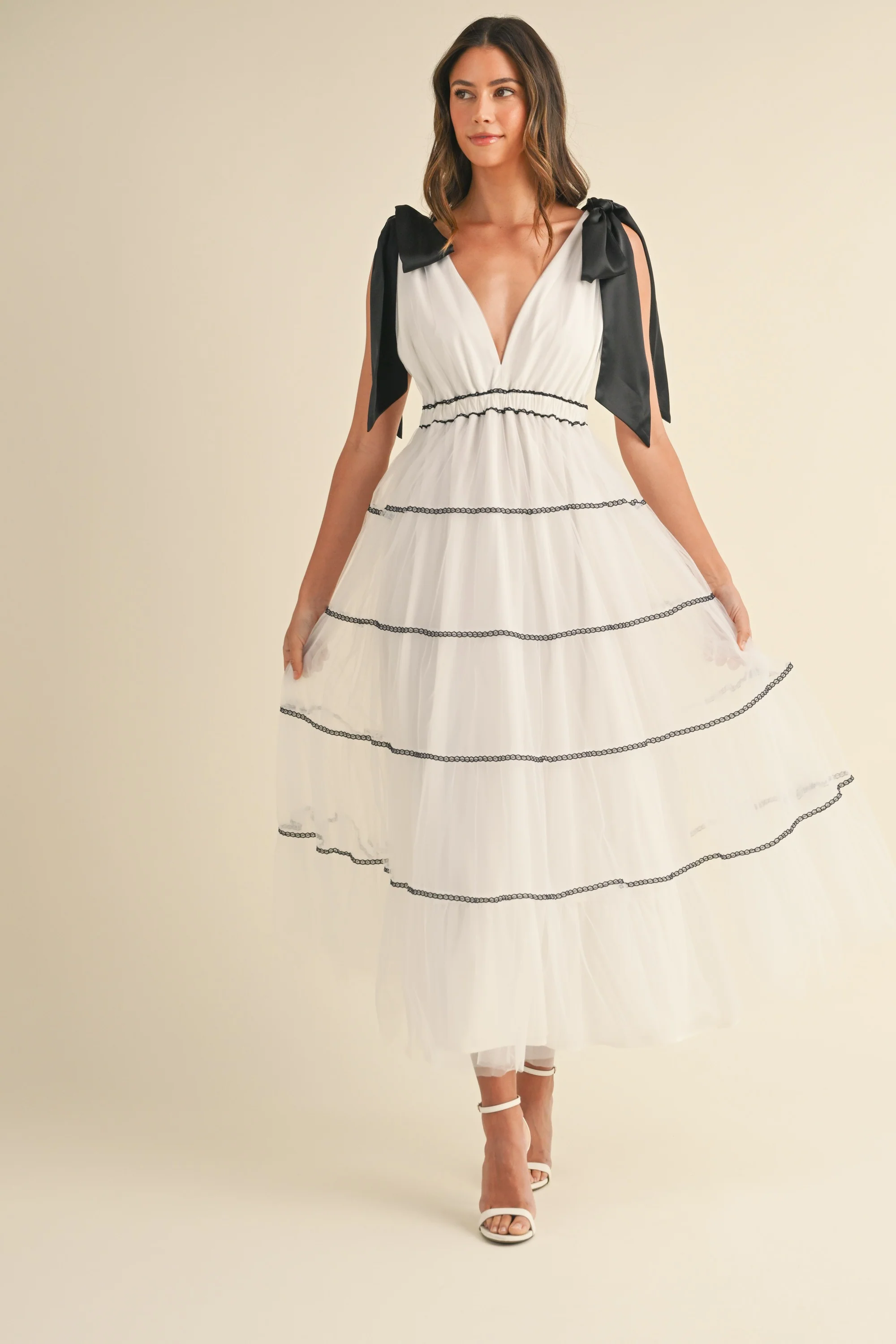 White Shoulder Bow Tie Lace Detail Tulle Maternity Midi Dress - Image 5