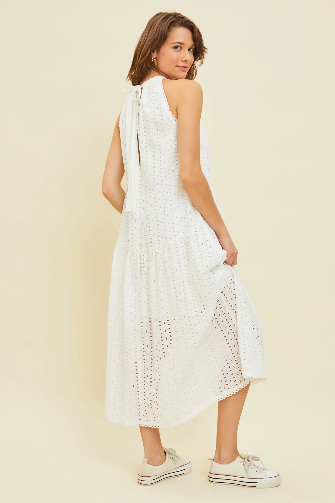 White Sleeveless Drop Waist Eyelet Dress - Image 3