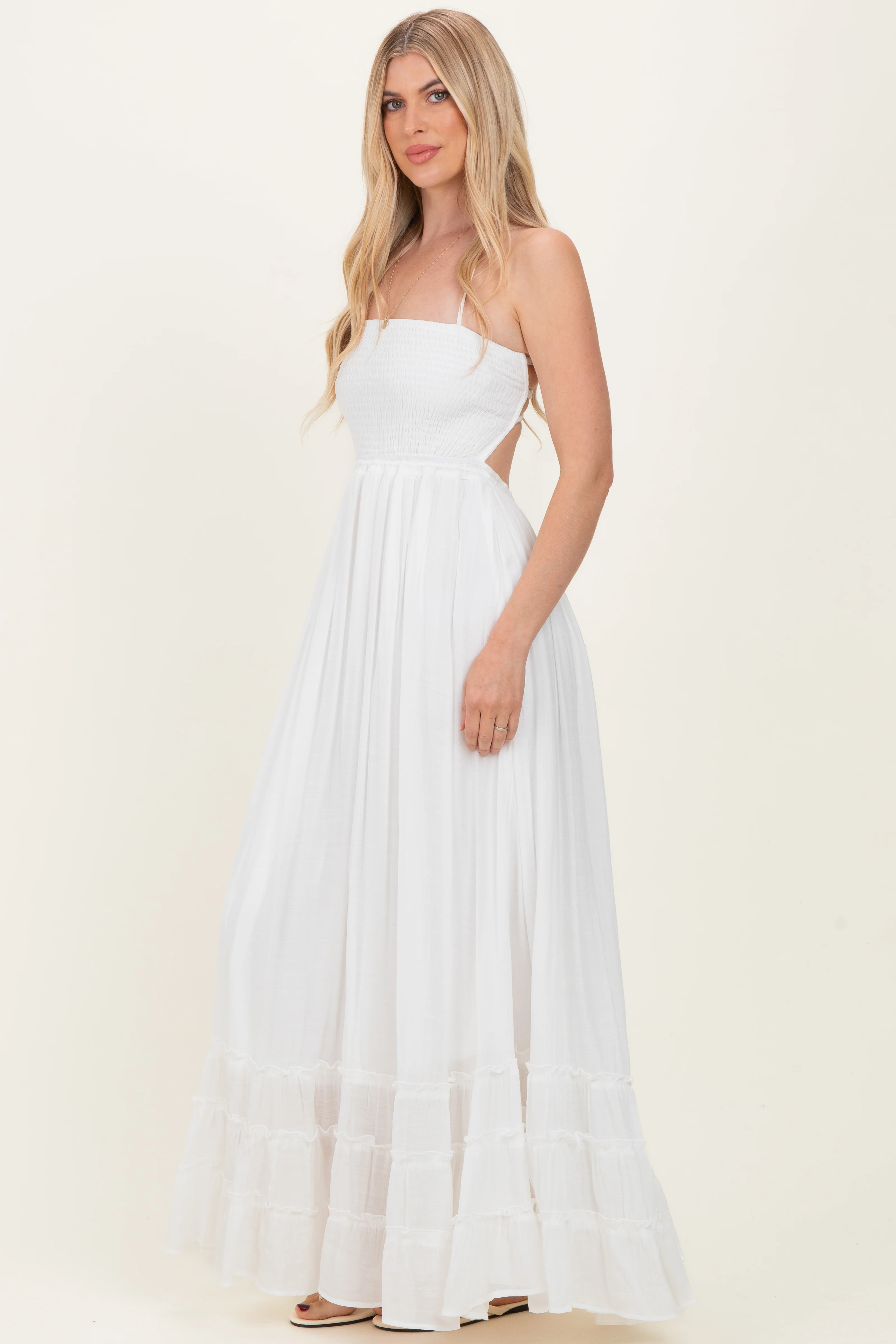 White Smocked Halter Open Back Maxi Dress - Image 8