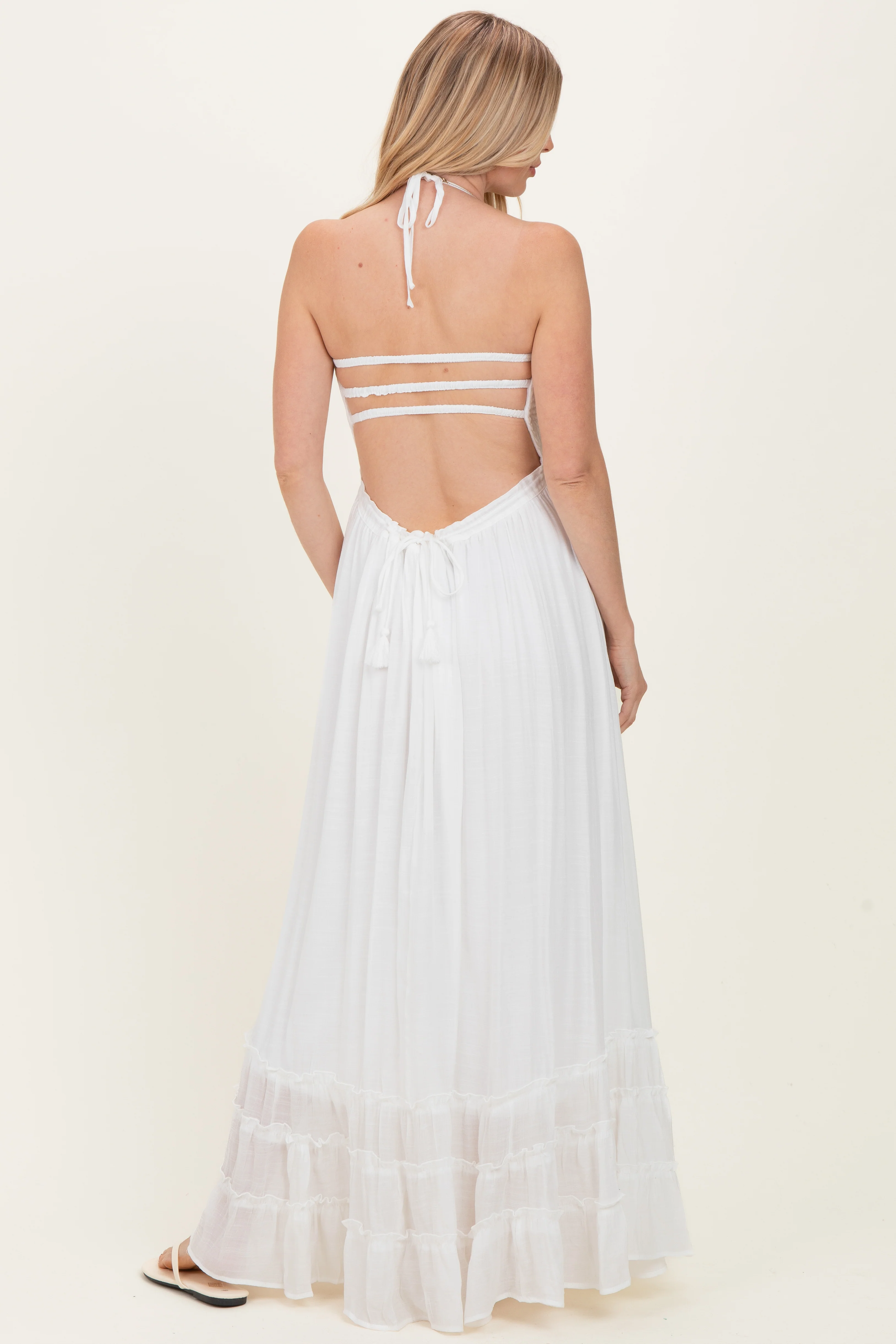 White Smocked Halter Open Back Maxi Dress - Image 9