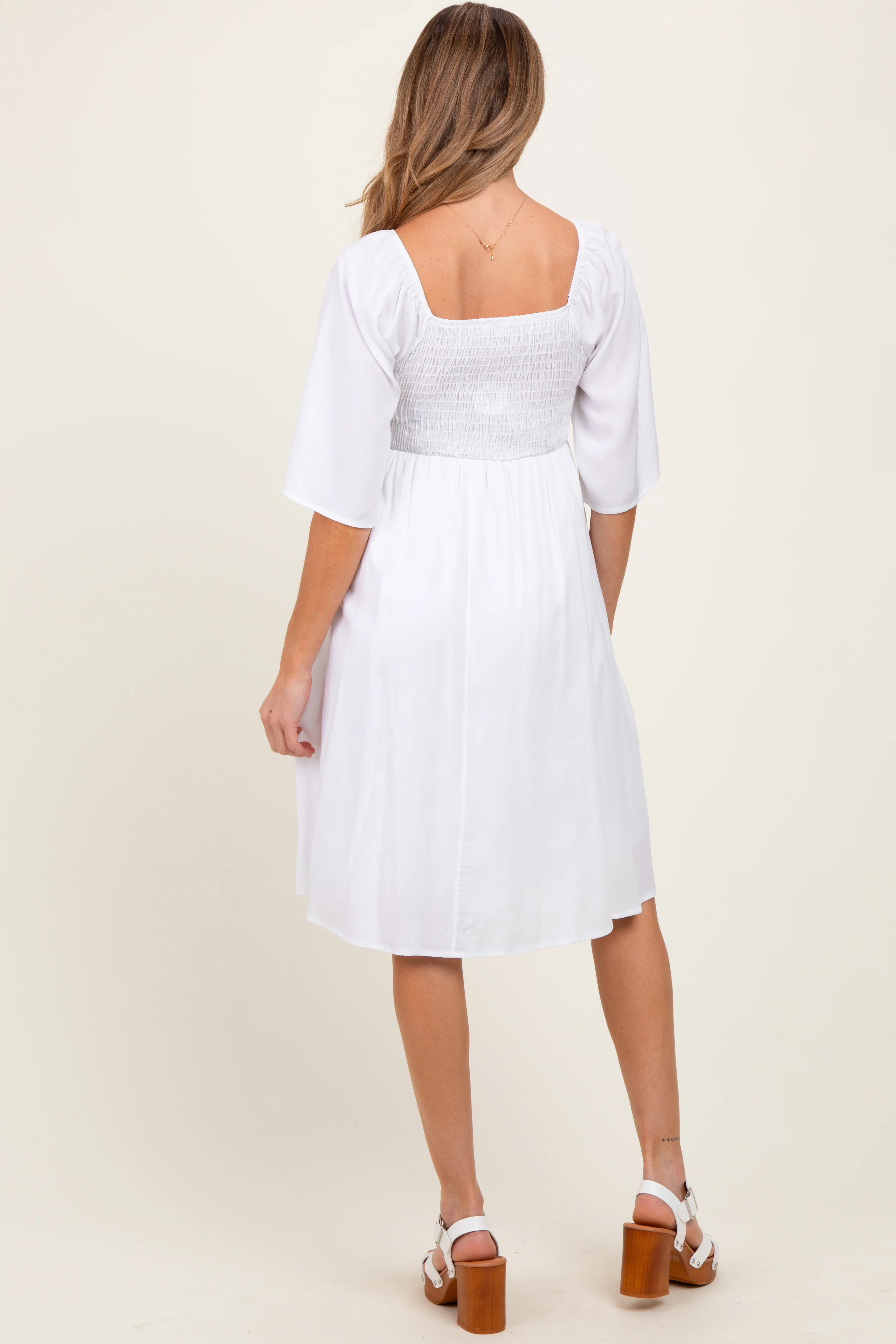 White Smocked Maternity Midi Dress - Image 3