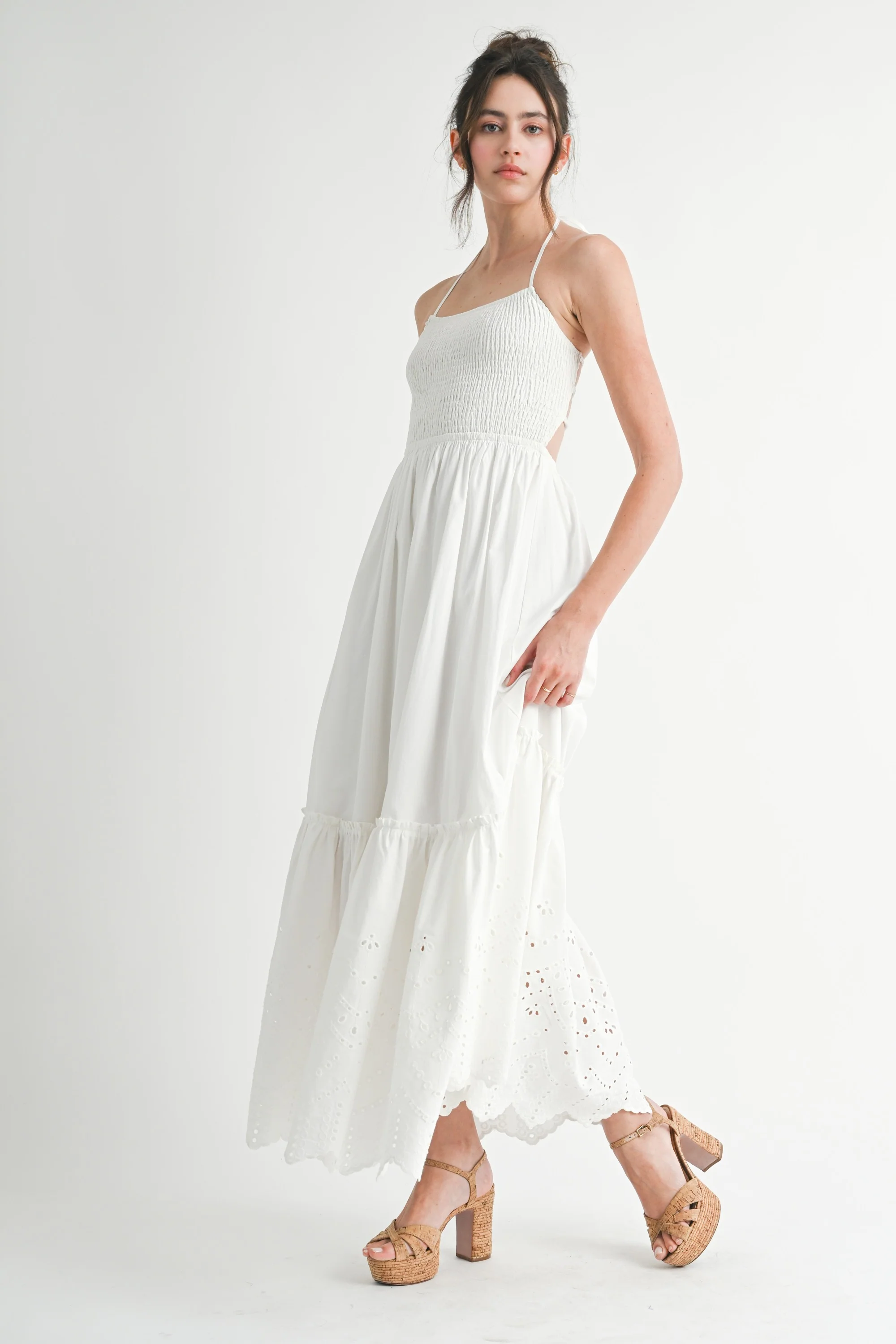 White Smocked Open Back Lace Hem Maternity Maxi Dress - Image 5
