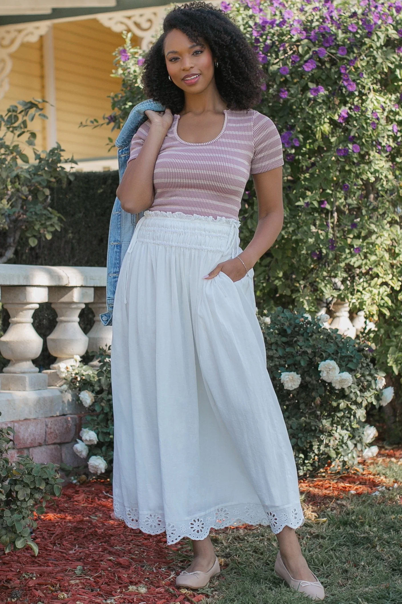 White Smocked Waist Eyelet Lace Hem Maxi Skirt - Image 2
