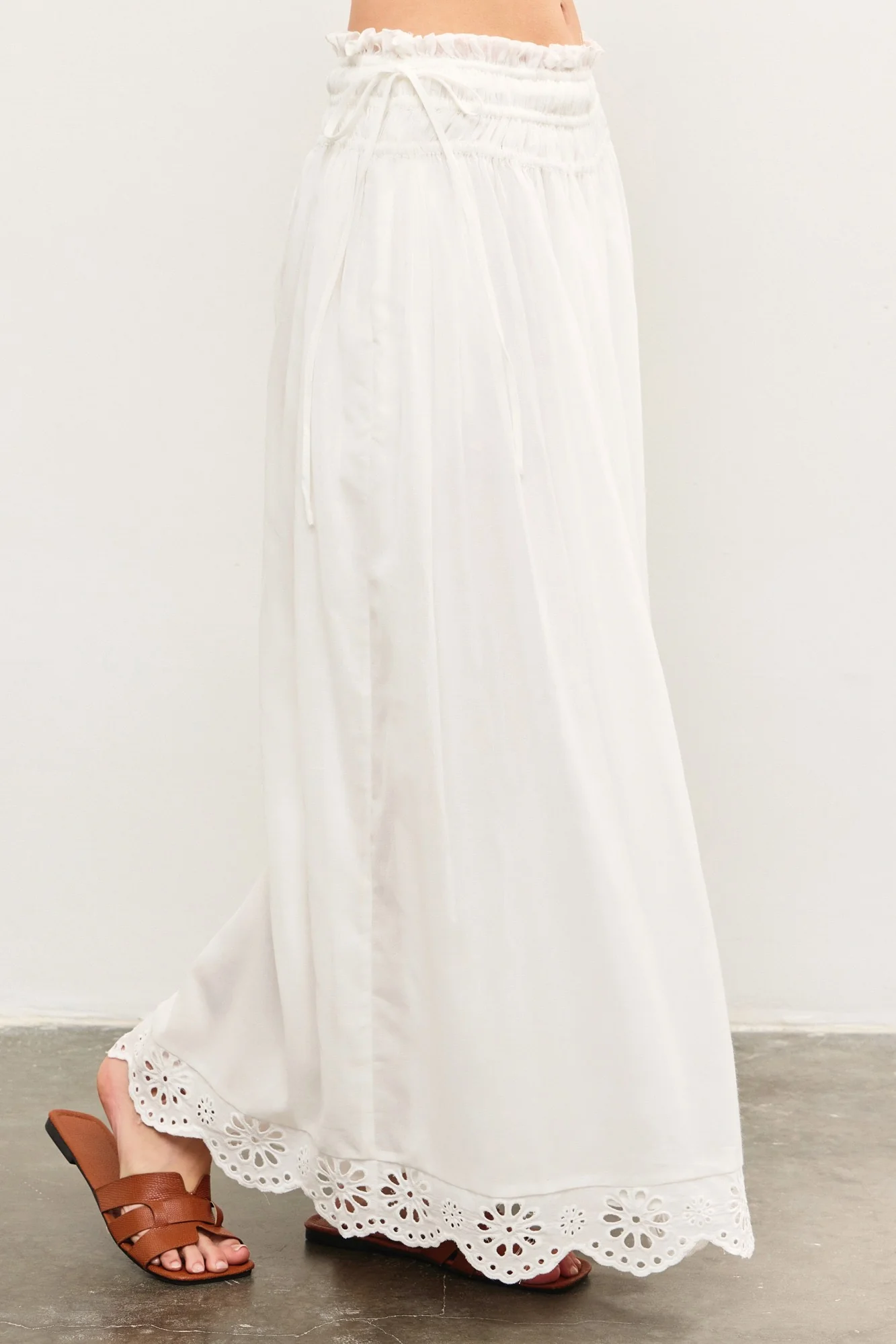 White Smocked Waist Eyelet Lace Hem Maxi Skirt - Image 4