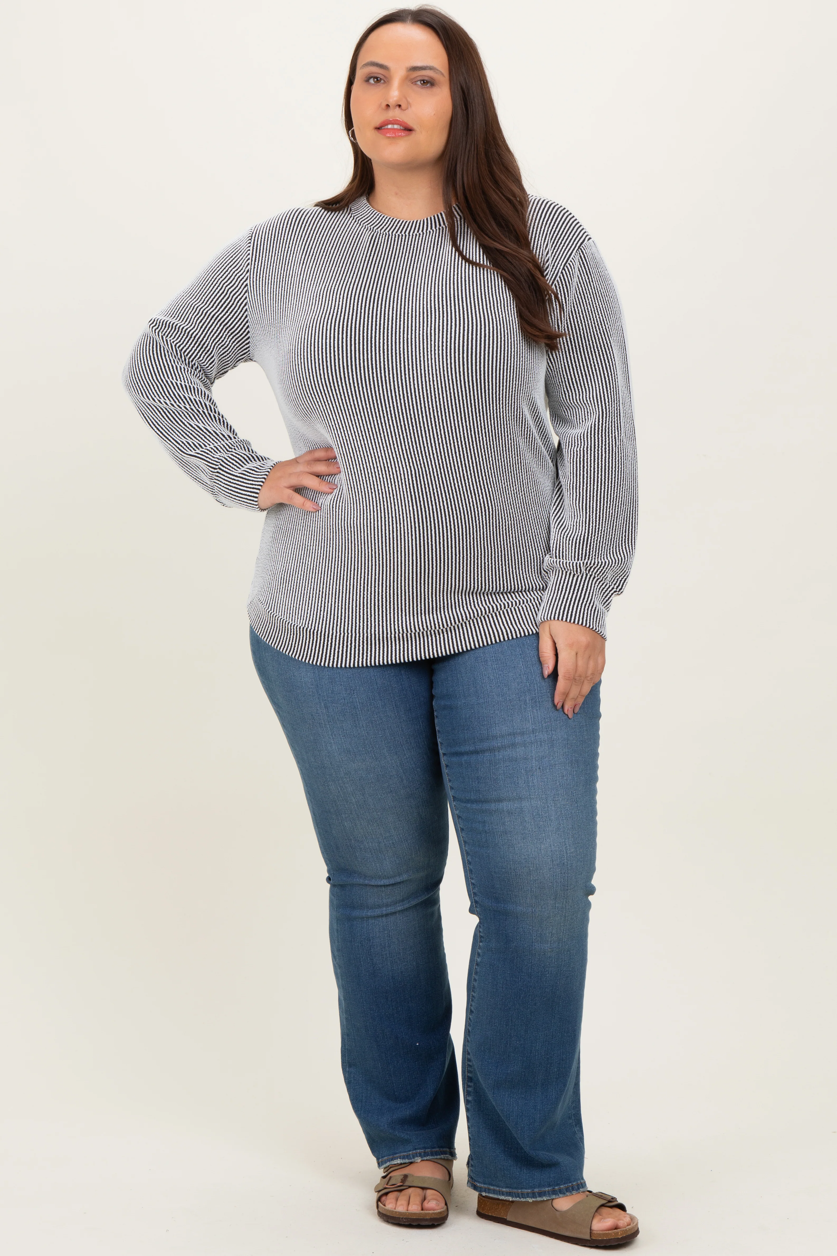 White Stripe Textured Ribbed Long Sleeve Maternity Plus Top - Image 5