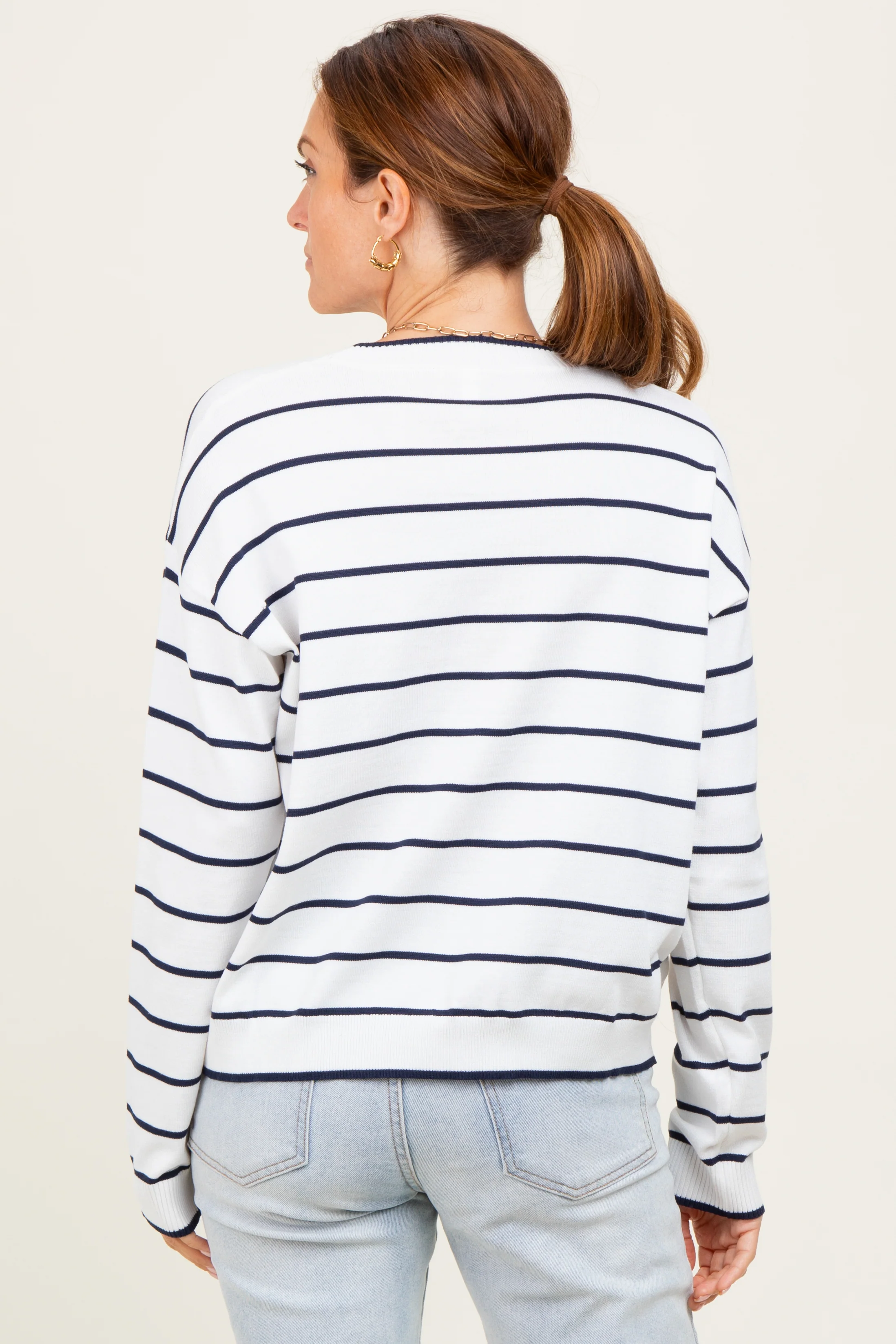 White Striped Drop Shoulder Sweater - Image 3