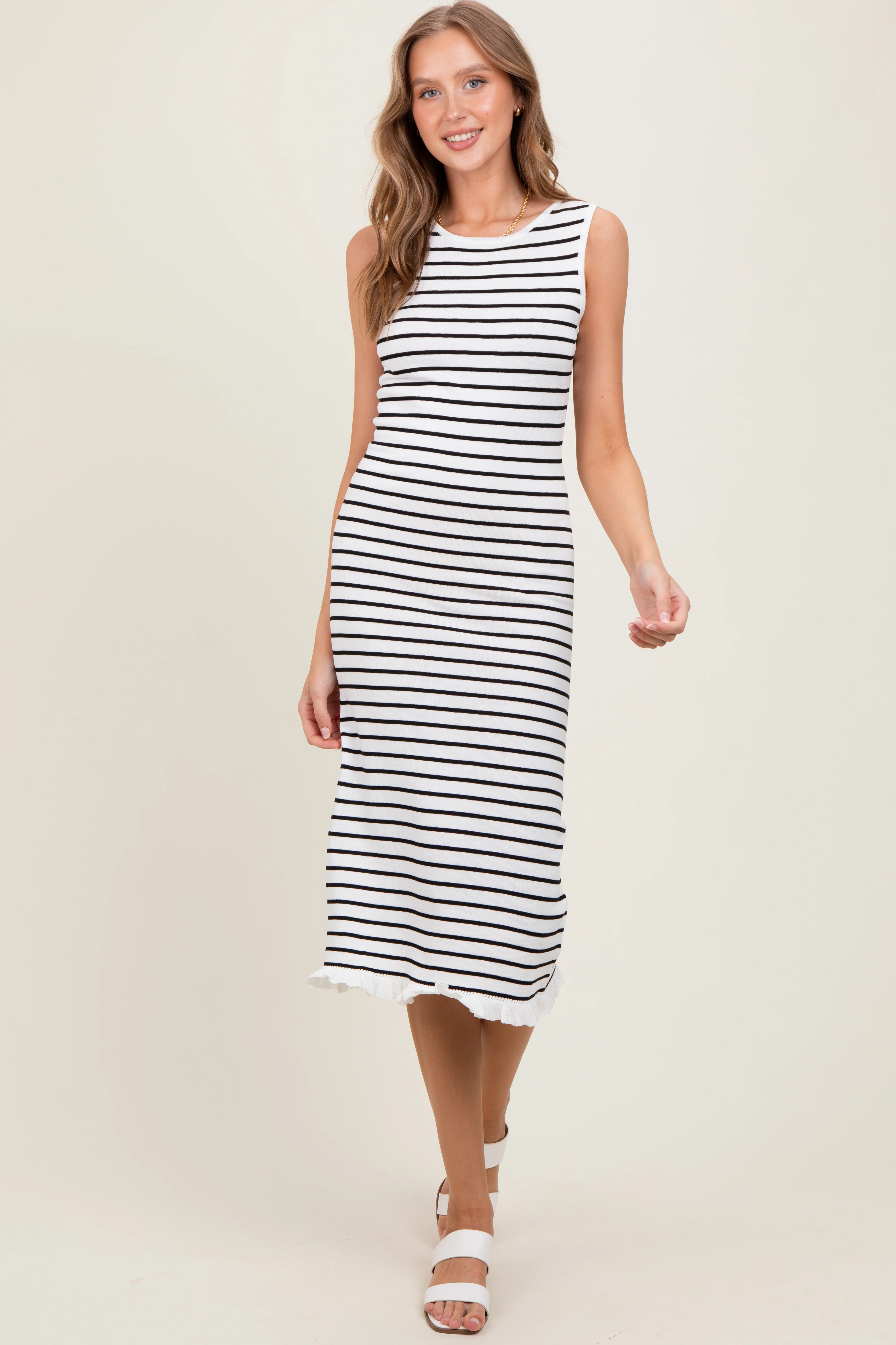 White Striped Knit Sleeveless Ruffle Hem Maternity Midi Dress - Image 5