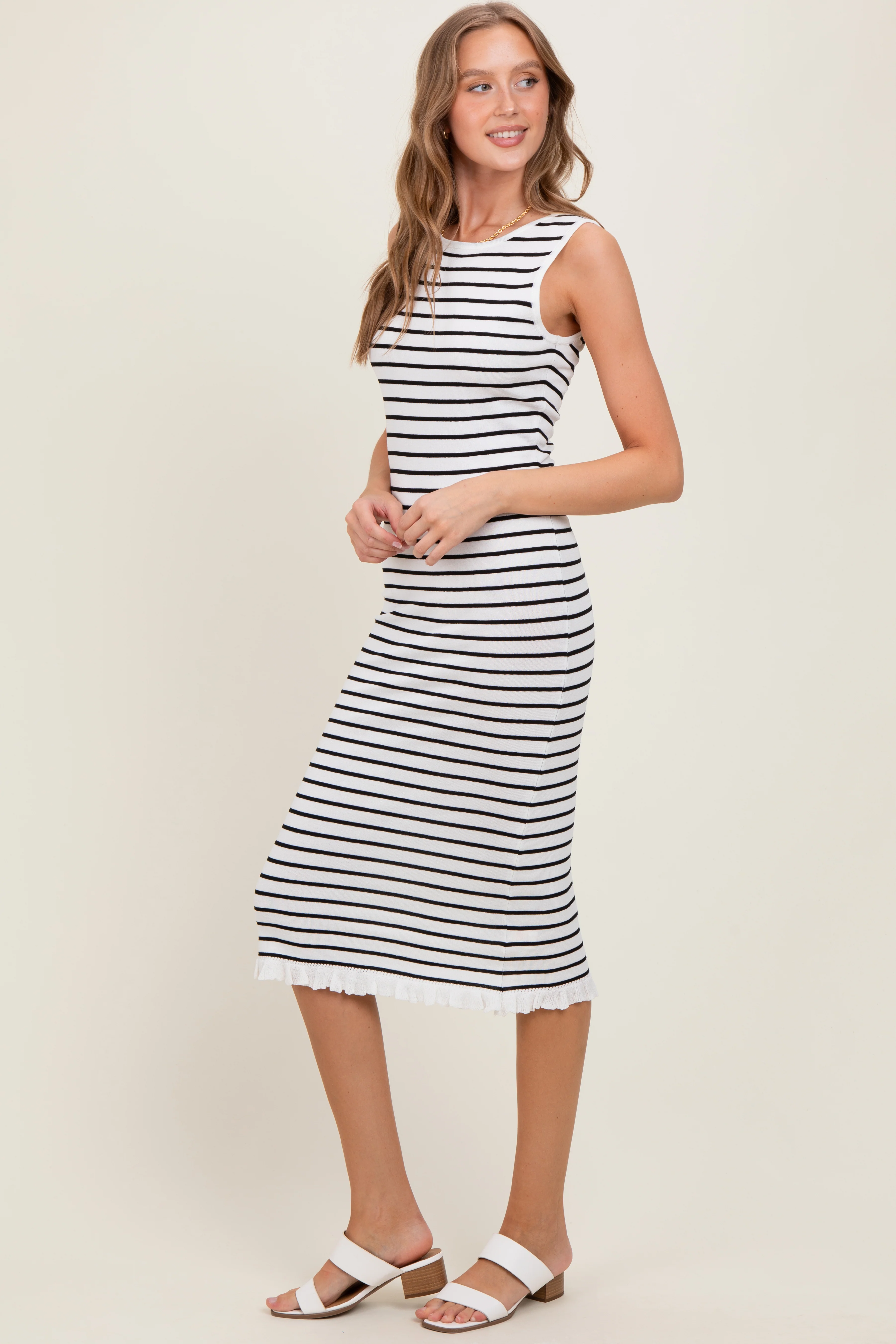 White Striped Knit Sleeveless Ruffle Hem Midi Dress - Image 3