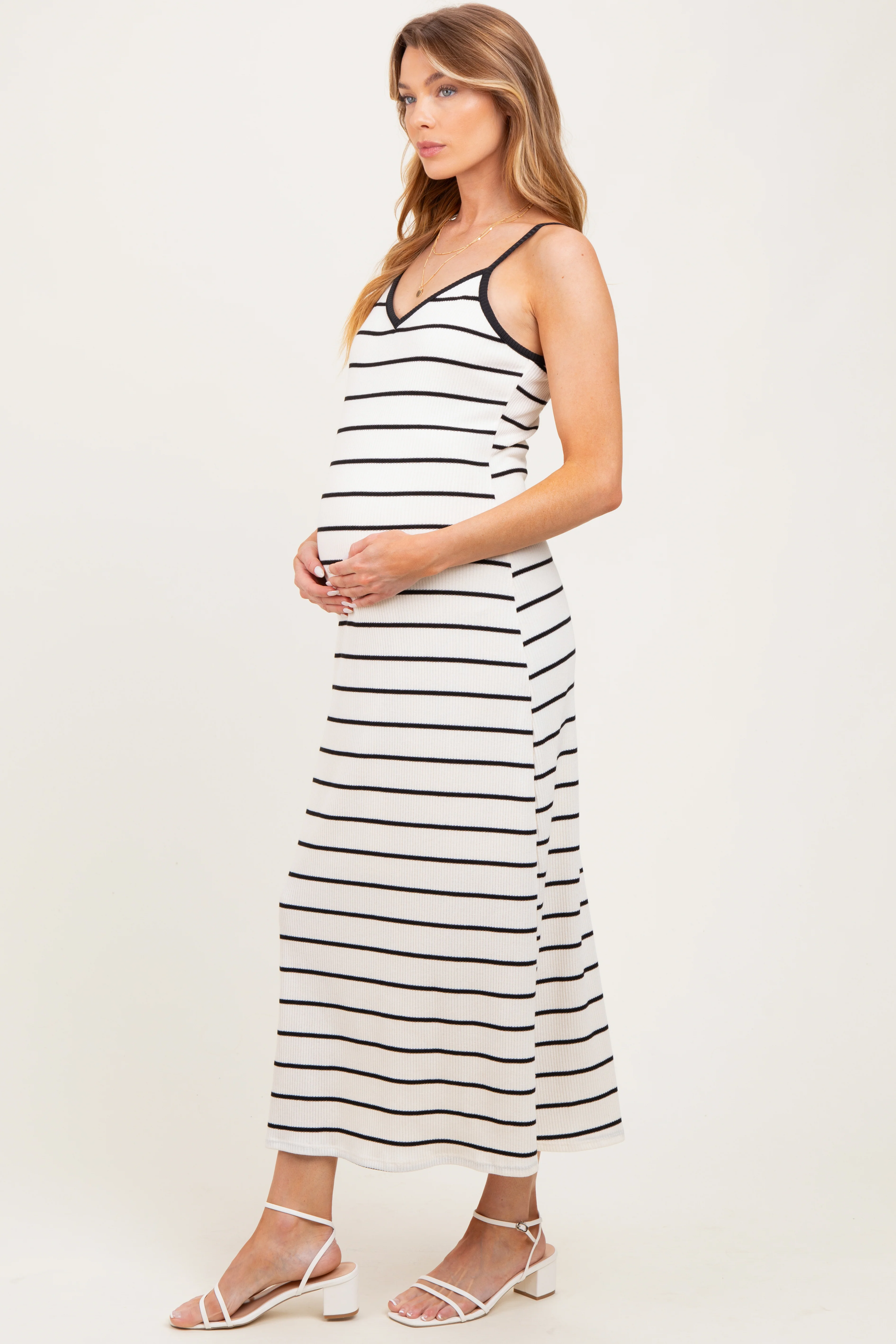 White Striped Ribbed Adjustable Strap Maternity Midi Dress - Image 3