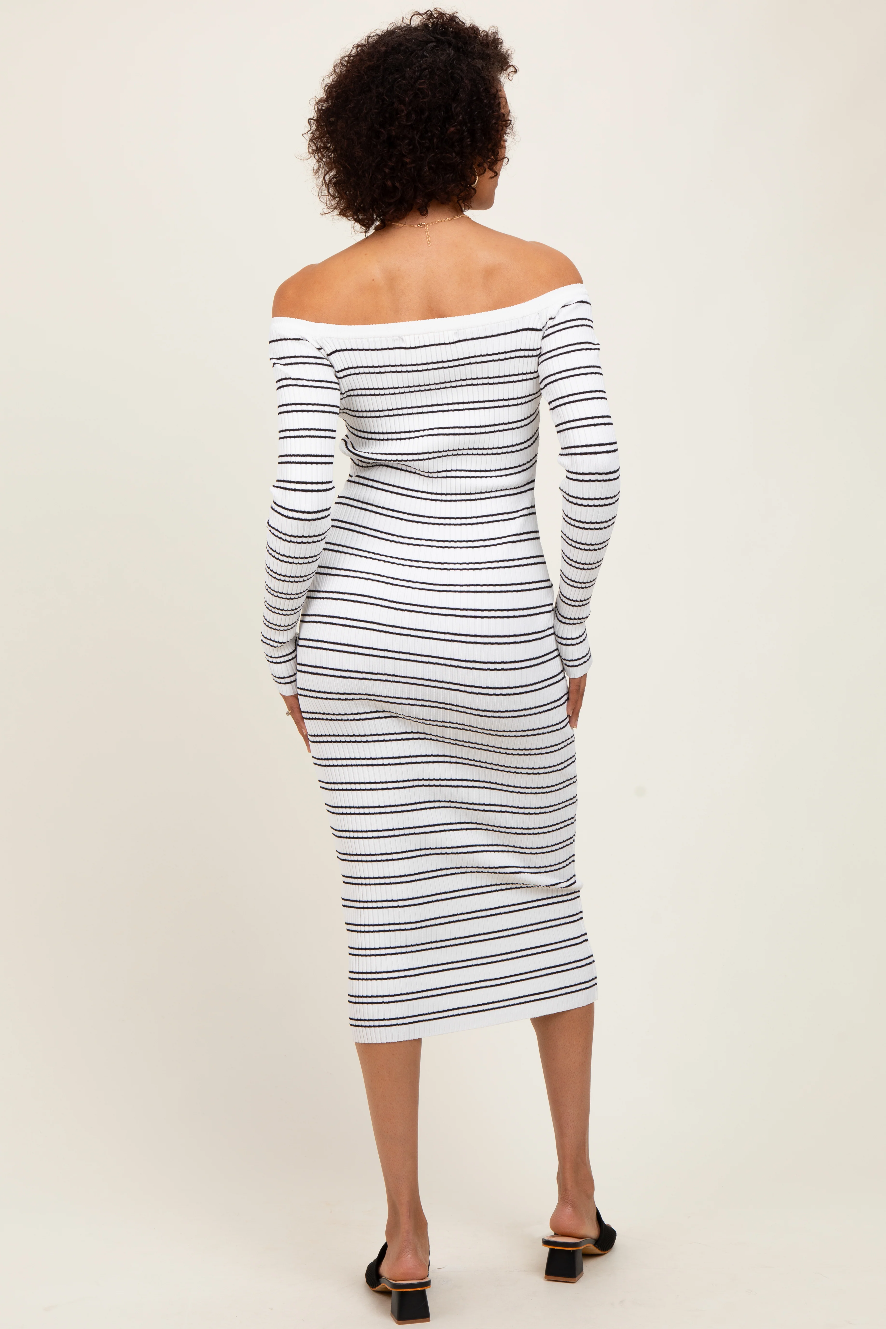 White Striped Ribbed Button Accent Off Shoulder Dress - Image 4