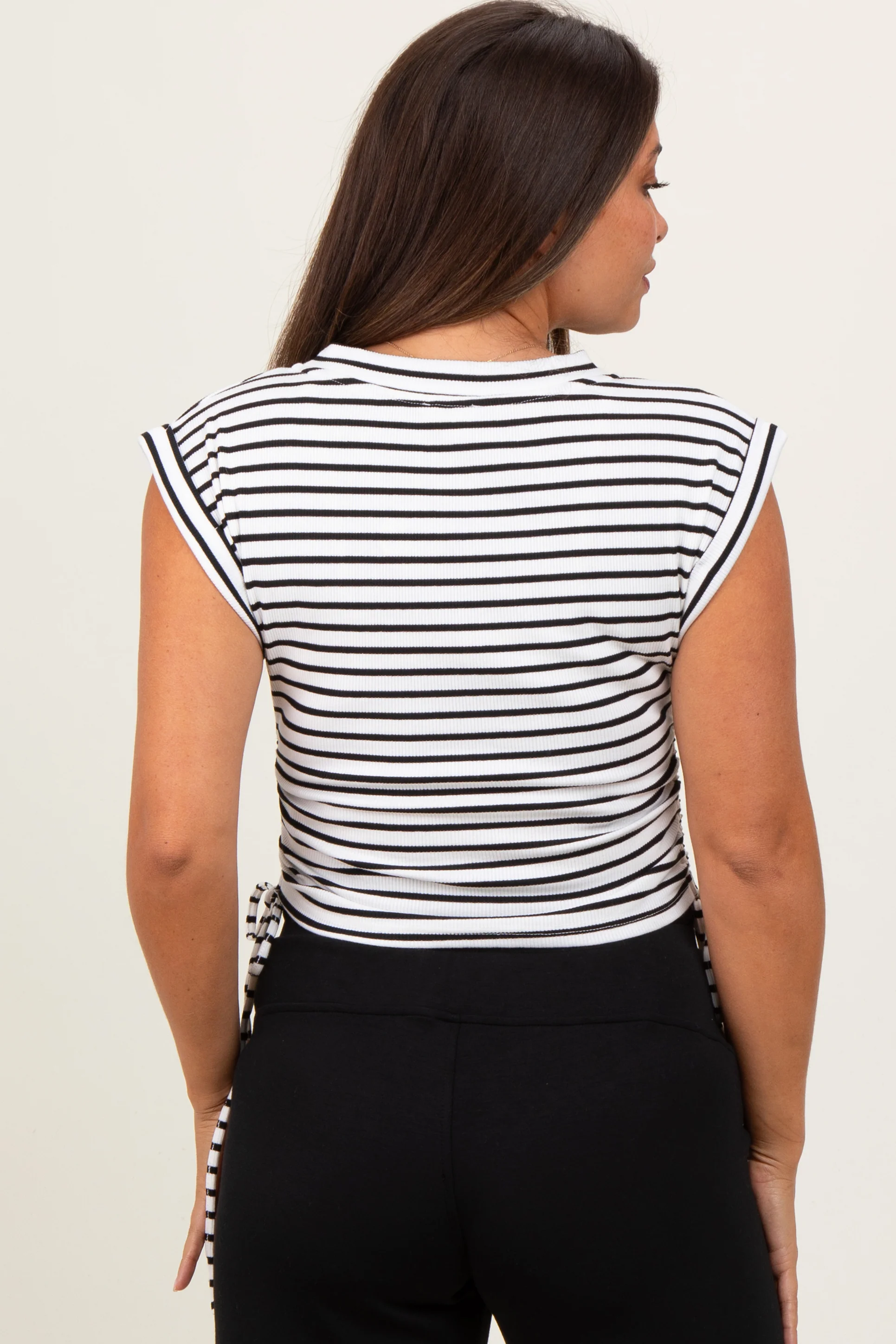 White Striped Ruched Side Tie Maternity Top - Image 3