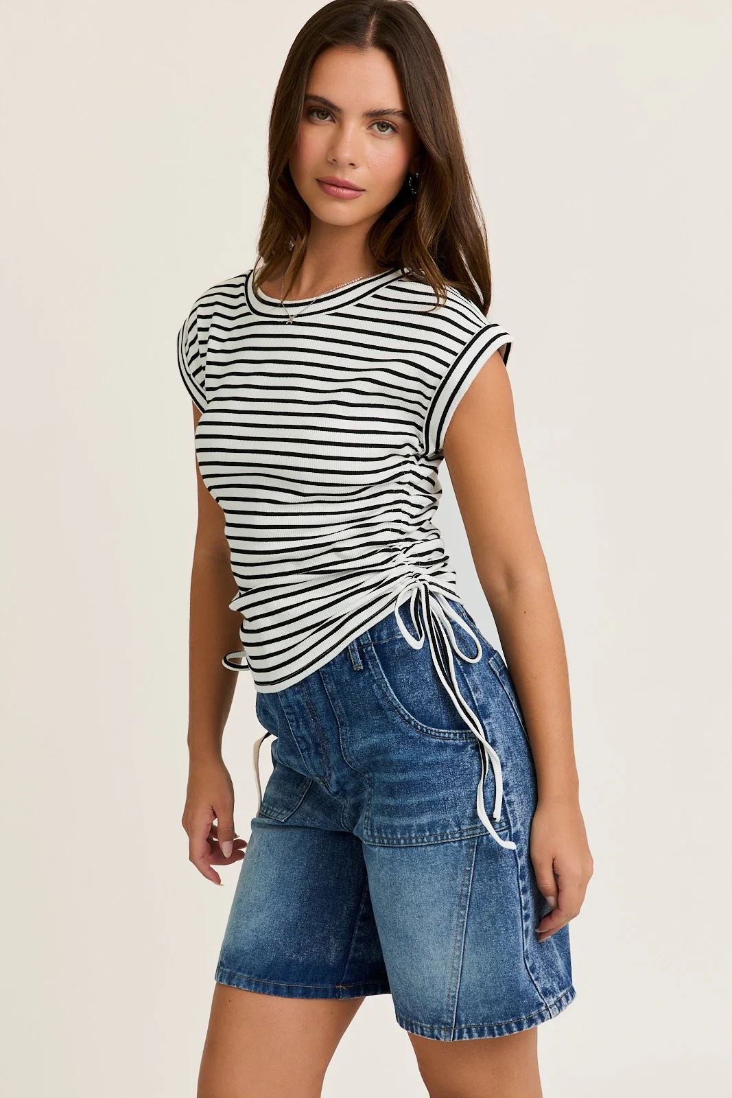 White Striped Ruched Side Tie Maternity Top - Image 4