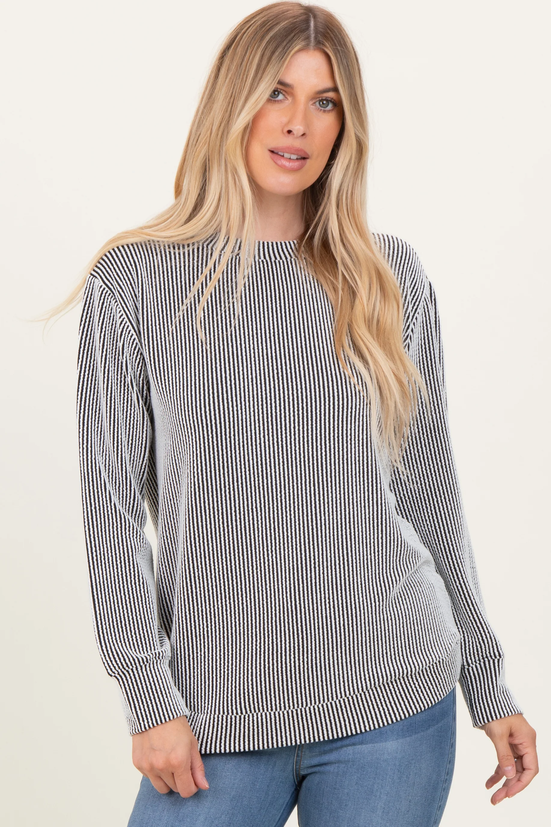 White Textured Rib Crew Neck Long Sleeve - Image 2
