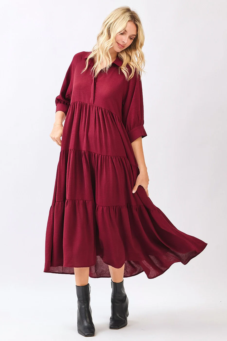 Wine Collared Button Up Tiered Midi Dress - Image 3