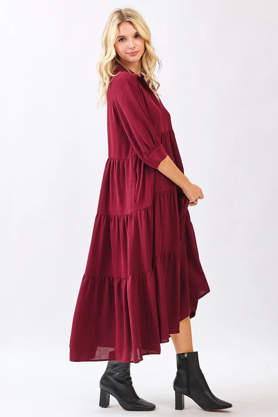Wine Collared Button Up Tiered Midi Dress - Image 4