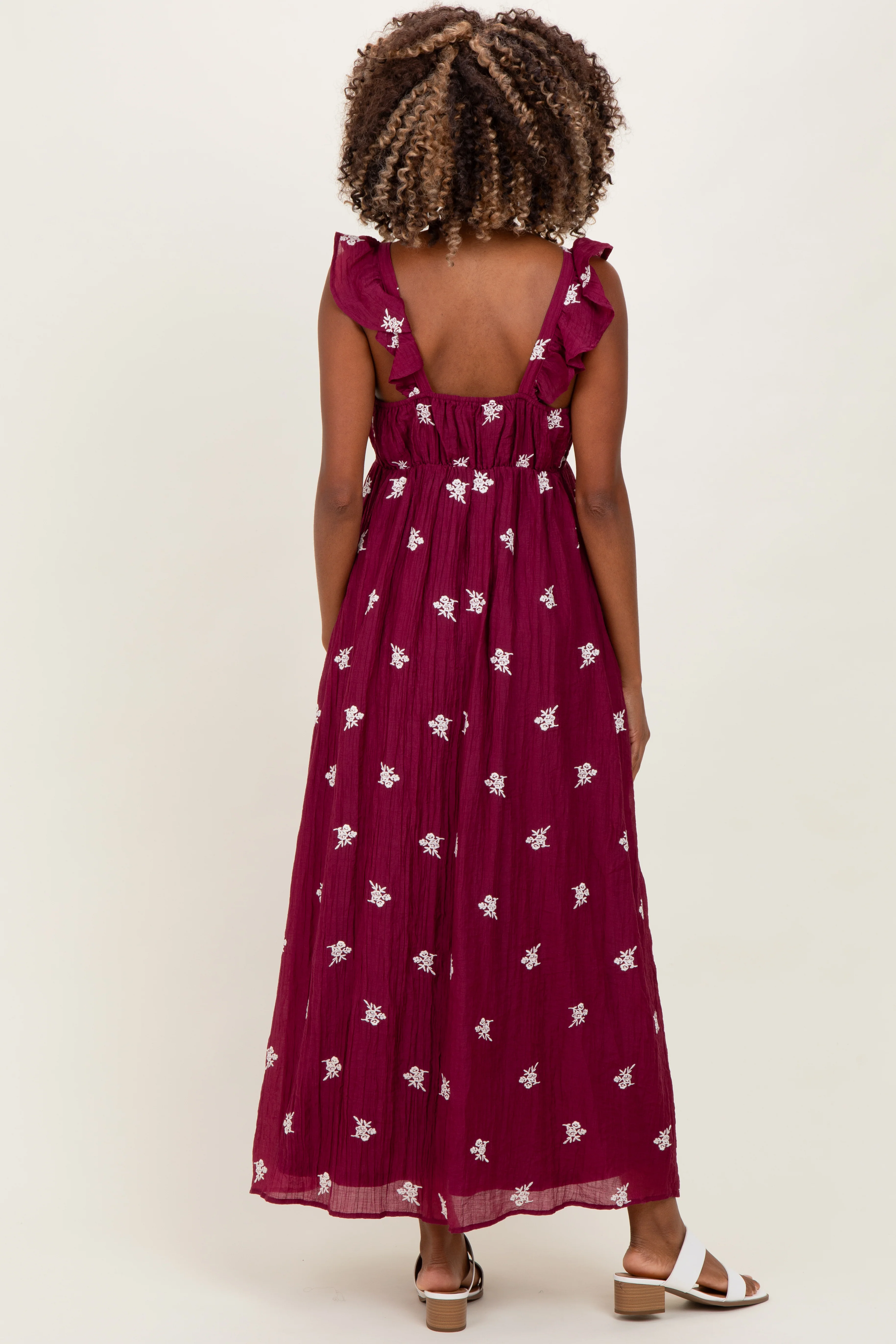 Wine Floral Embroidered V-Neck Maternity Midi Dress - Image 3