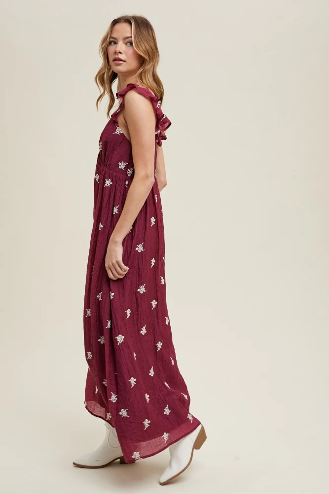 Wine Floral Embroidered V-Neck Midi Dress - Image 3