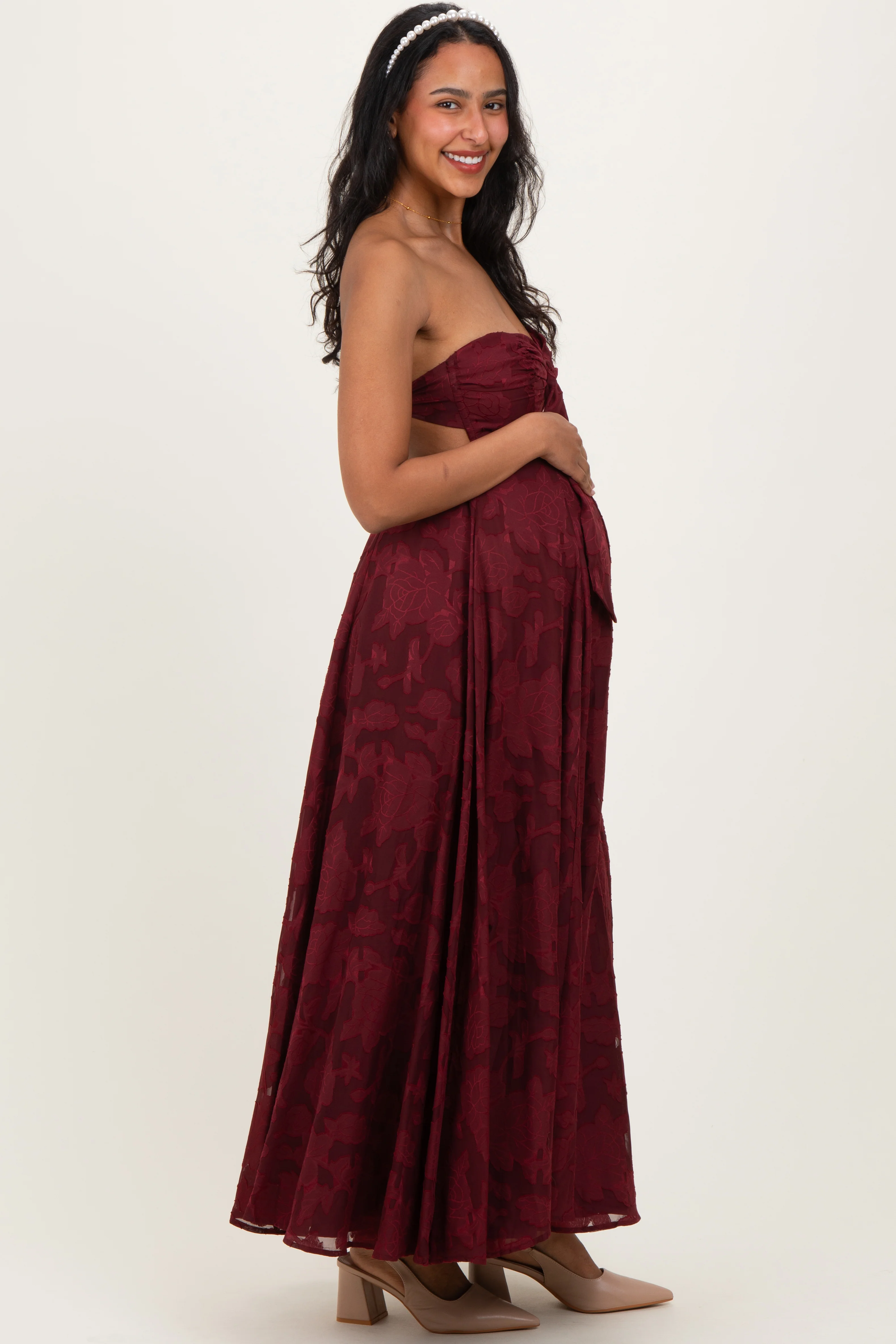 Wine Floral Jacquard Strapless Open Back Maternity Maxi Dress - Image 3