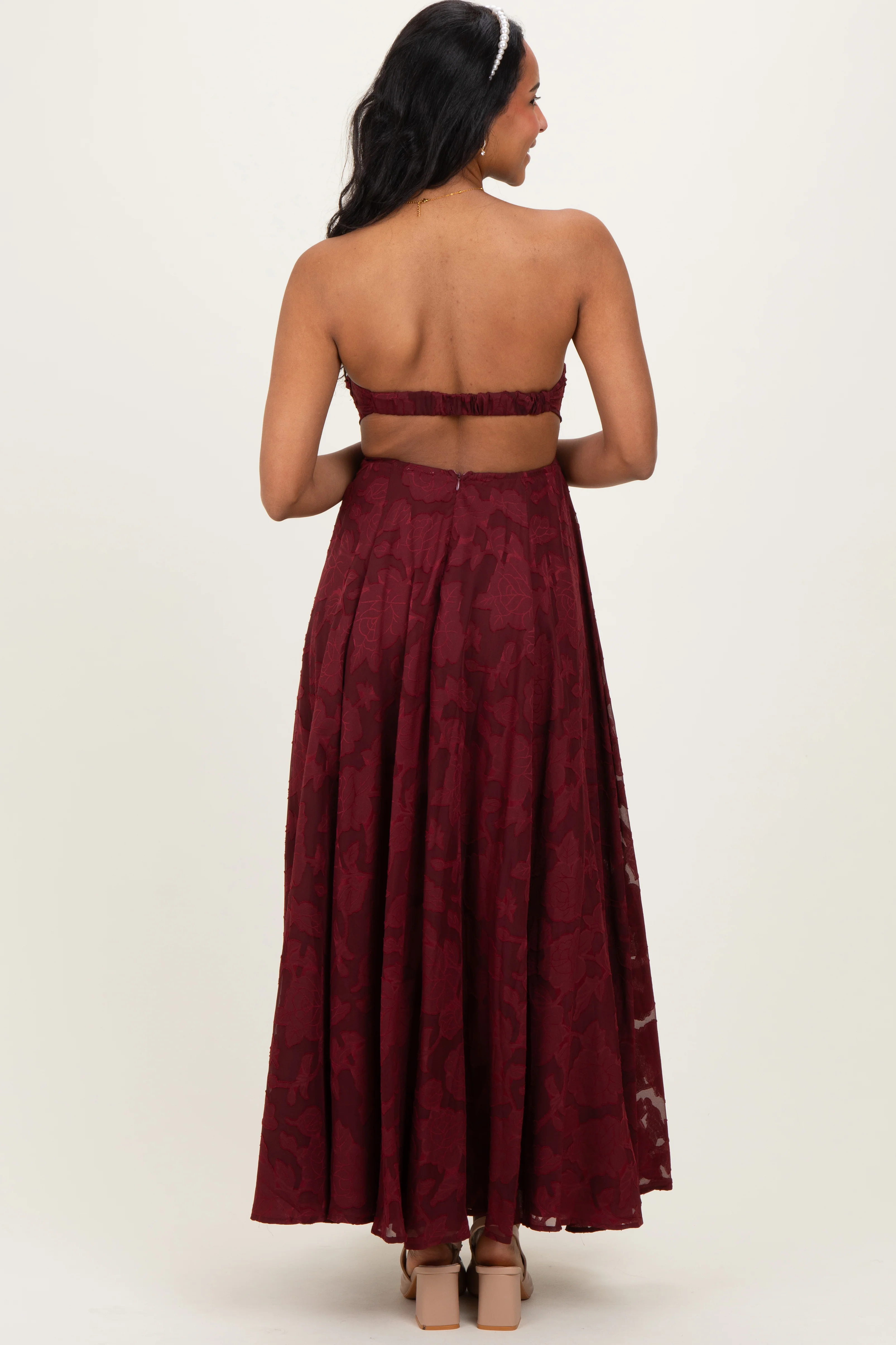 Wine Floral Jacquard Strapless Open Back Maternity Maxi Dress - Image 4