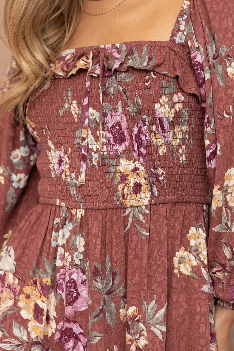 Wine Jacquard Floral Print Dress - Image 3