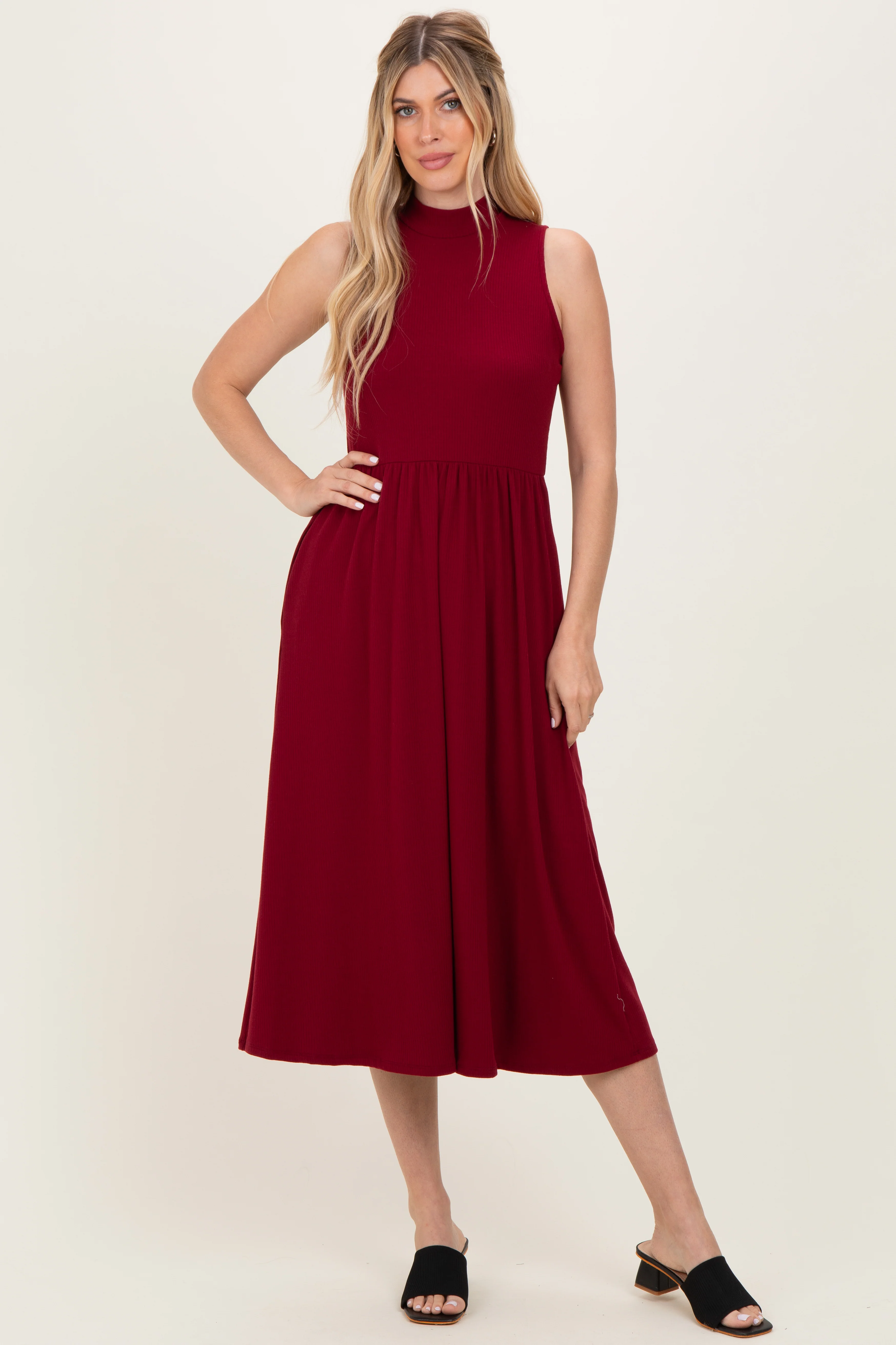 Wine Ribbed Mock Neck Sleeveless Maternity Midi Dress - Image 4