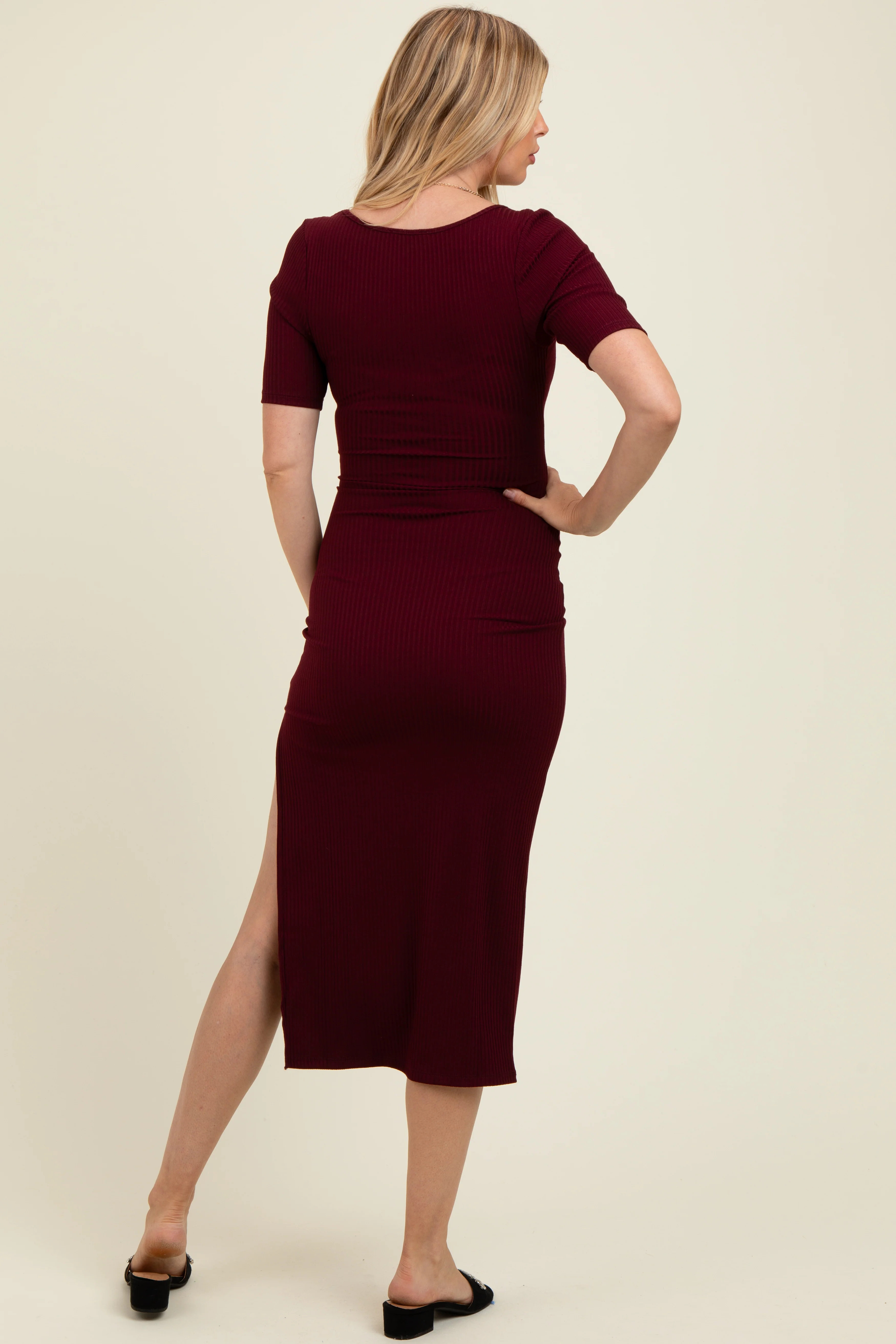 Wine Short Sleeve Midi Slip Maternity Dress - Image 4