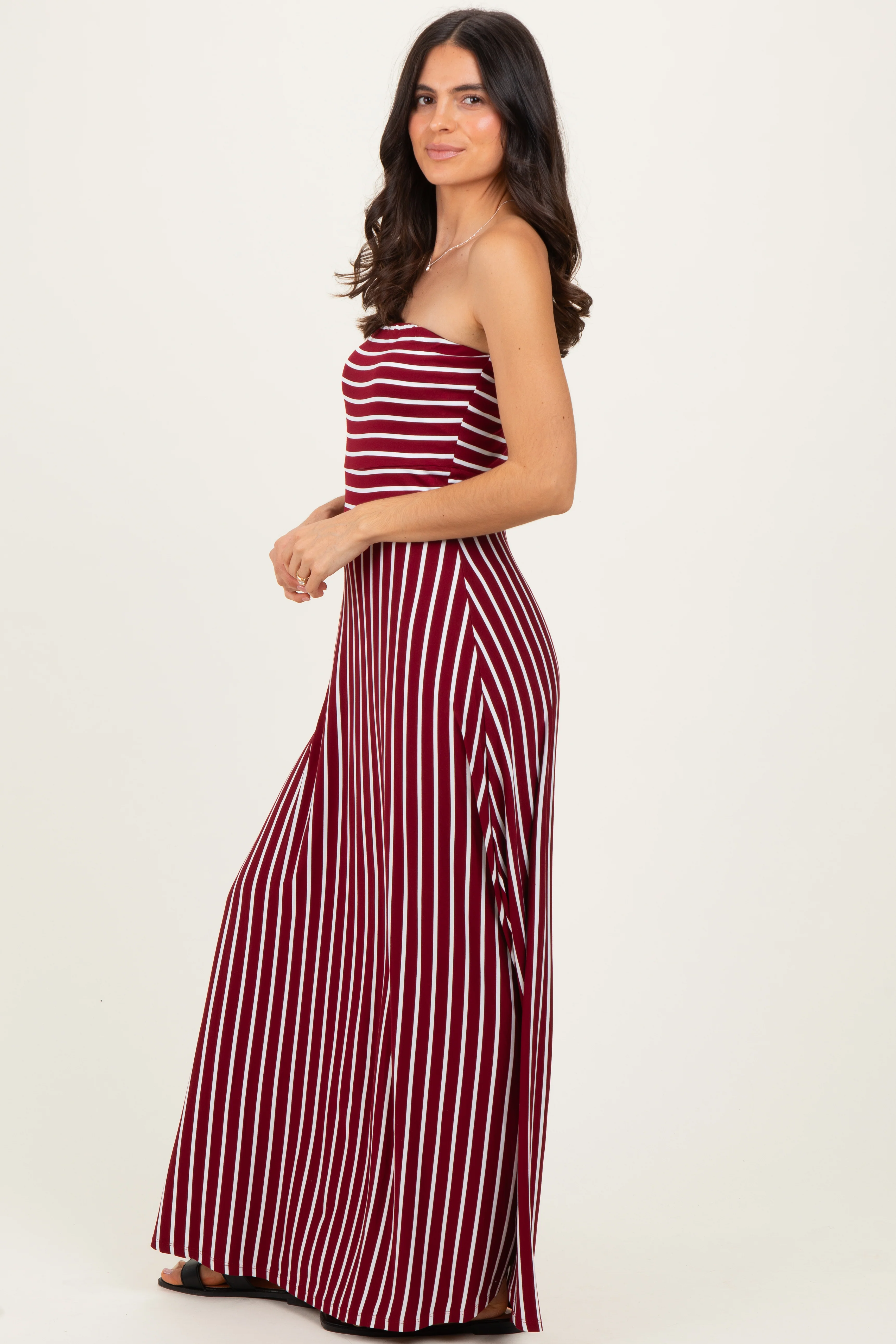 Wine Striped Strapless Maxi Dress - Image 2
