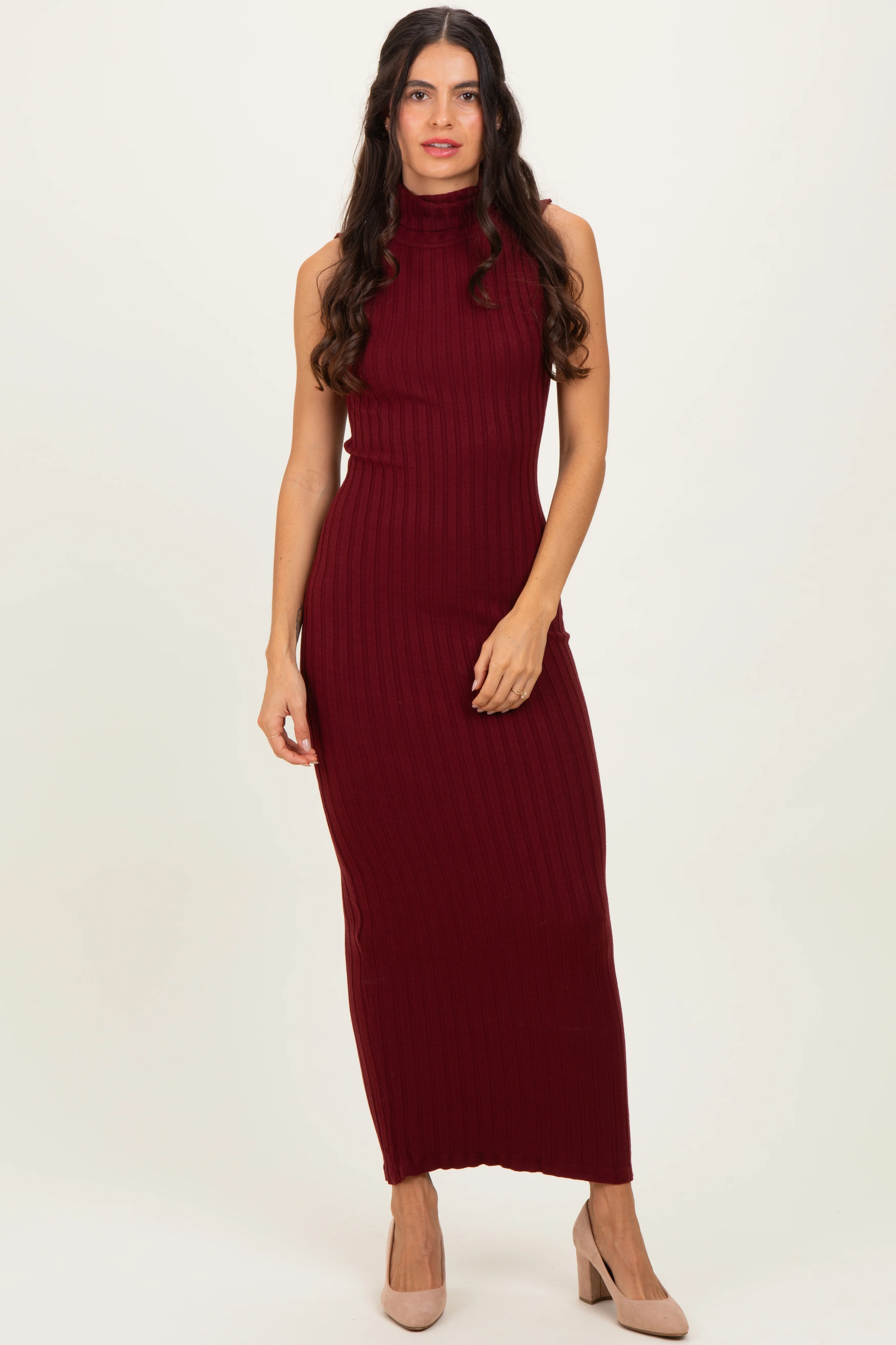Wine Turtleneck Ribbed Knit Sleeveless Maternity Maxi Dress - Image 5