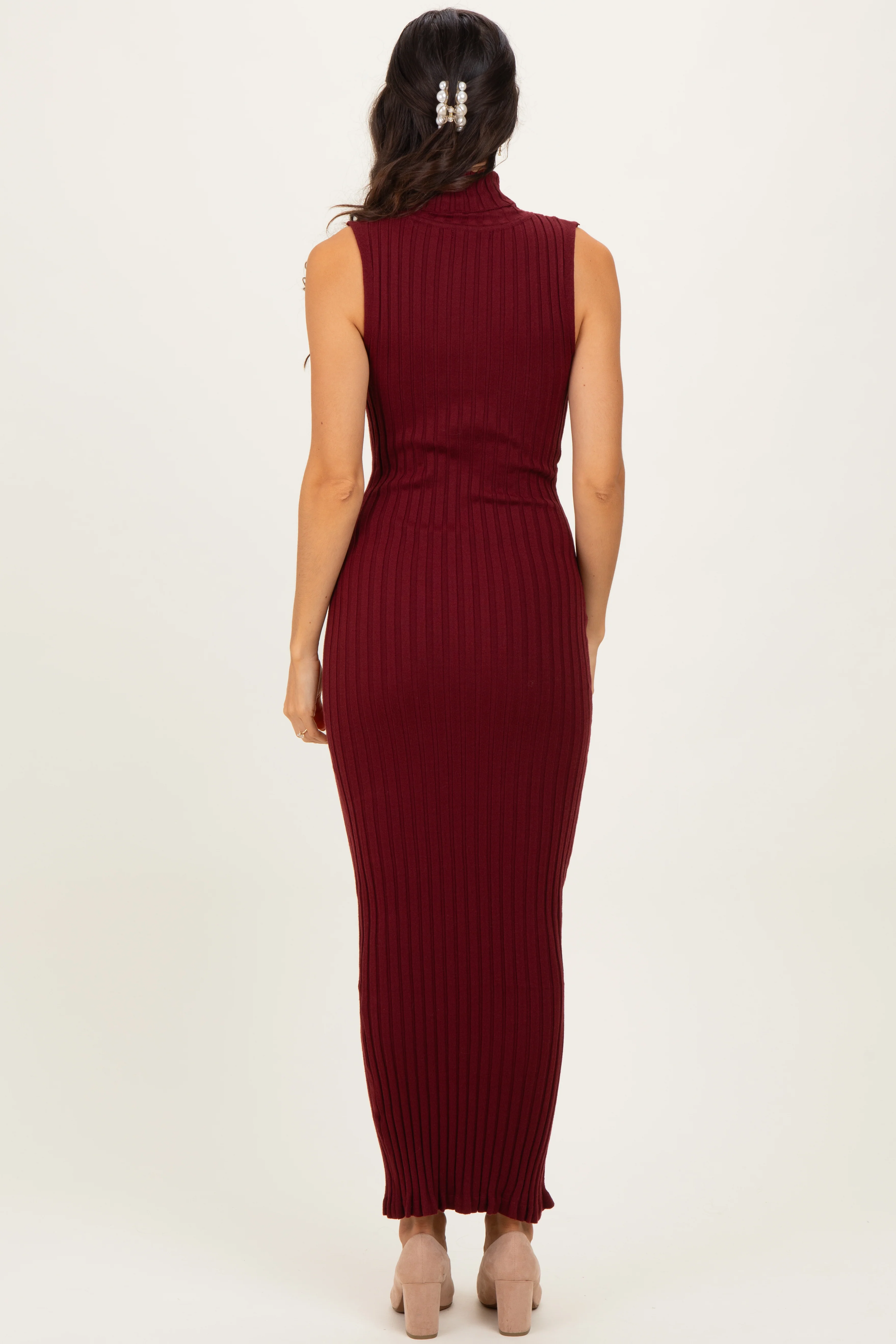 Wine Turtleneck Ribbed Knit Sleeveless Maxi Dress - Image 4