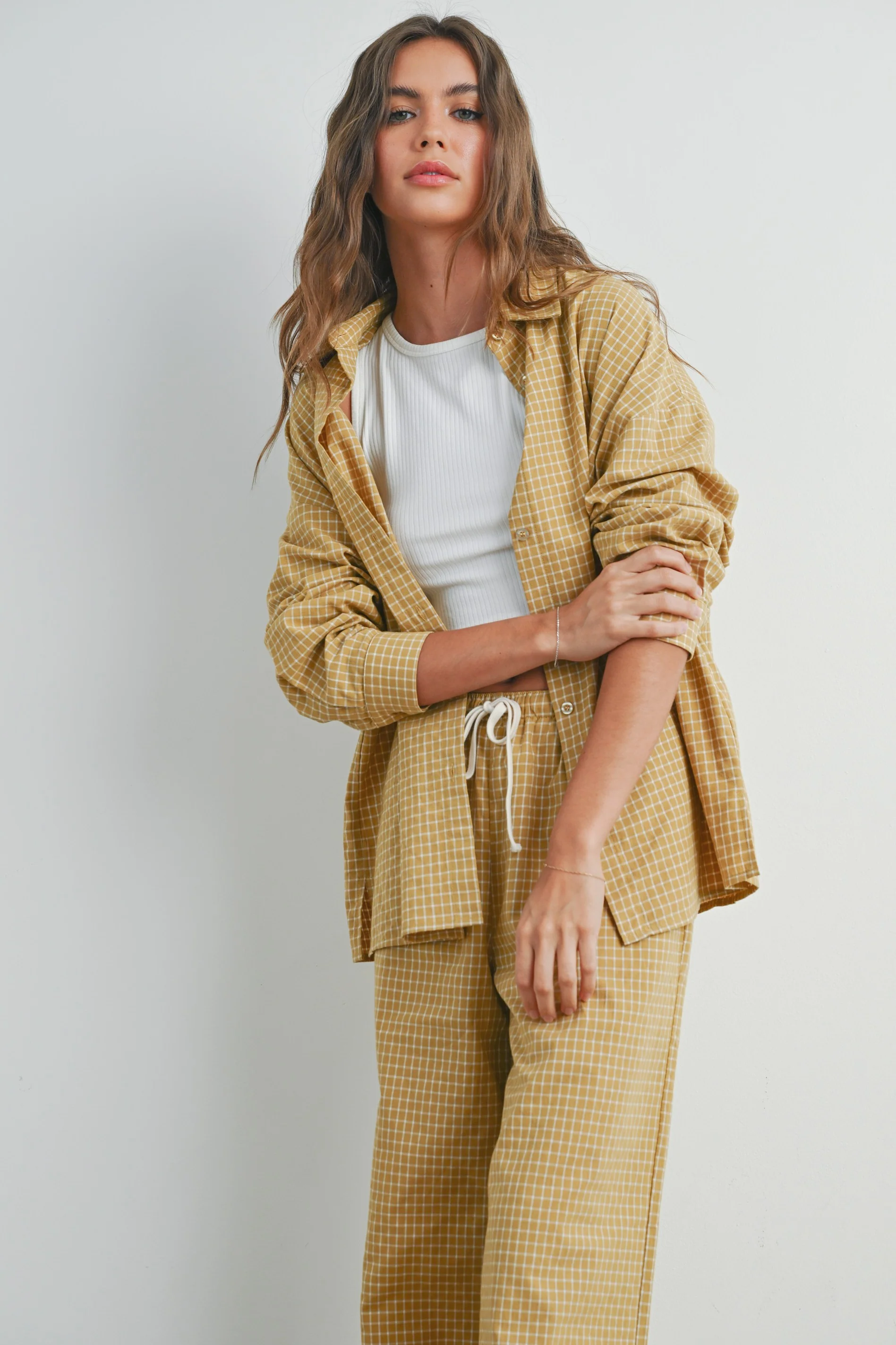 Yellow Checker Plaid Button Down Maternity Shirt - Image 3