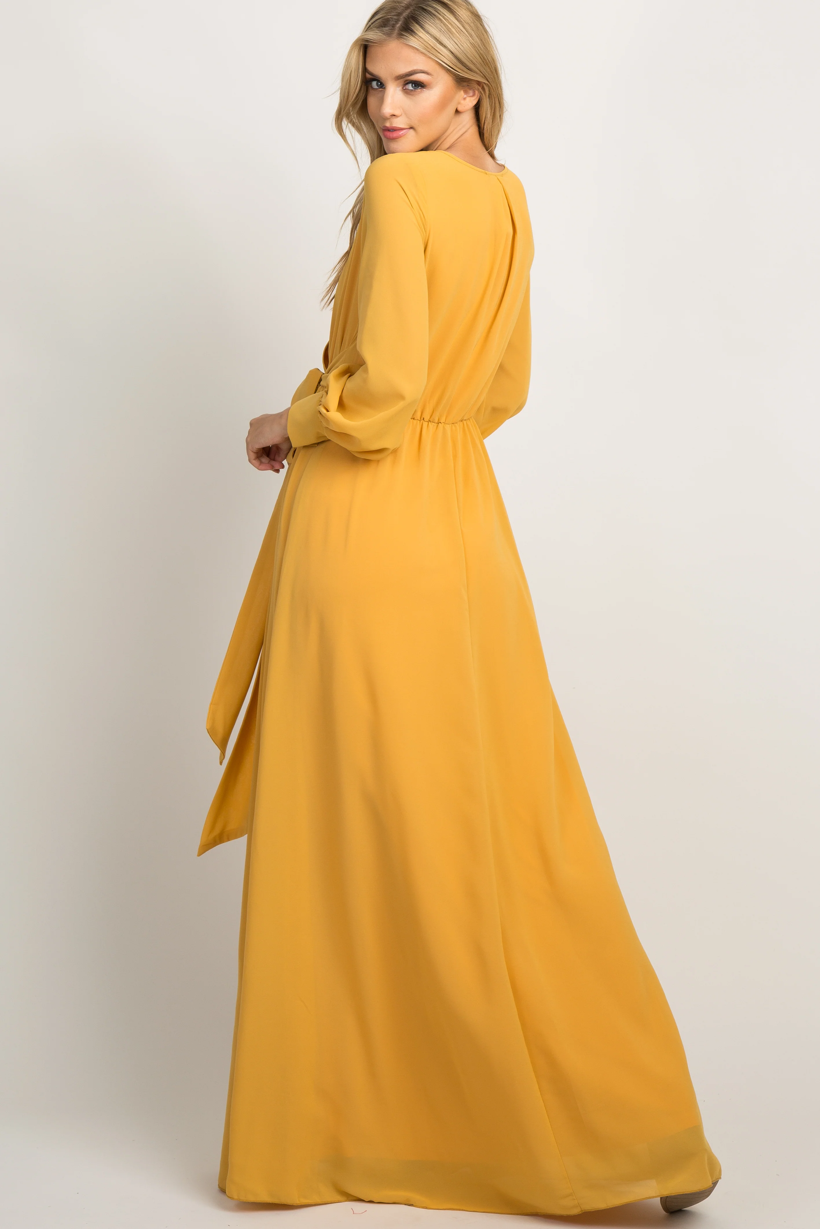 Yellow Chiffon Long Sleeve Pleated Maxi Dress - Image 3
