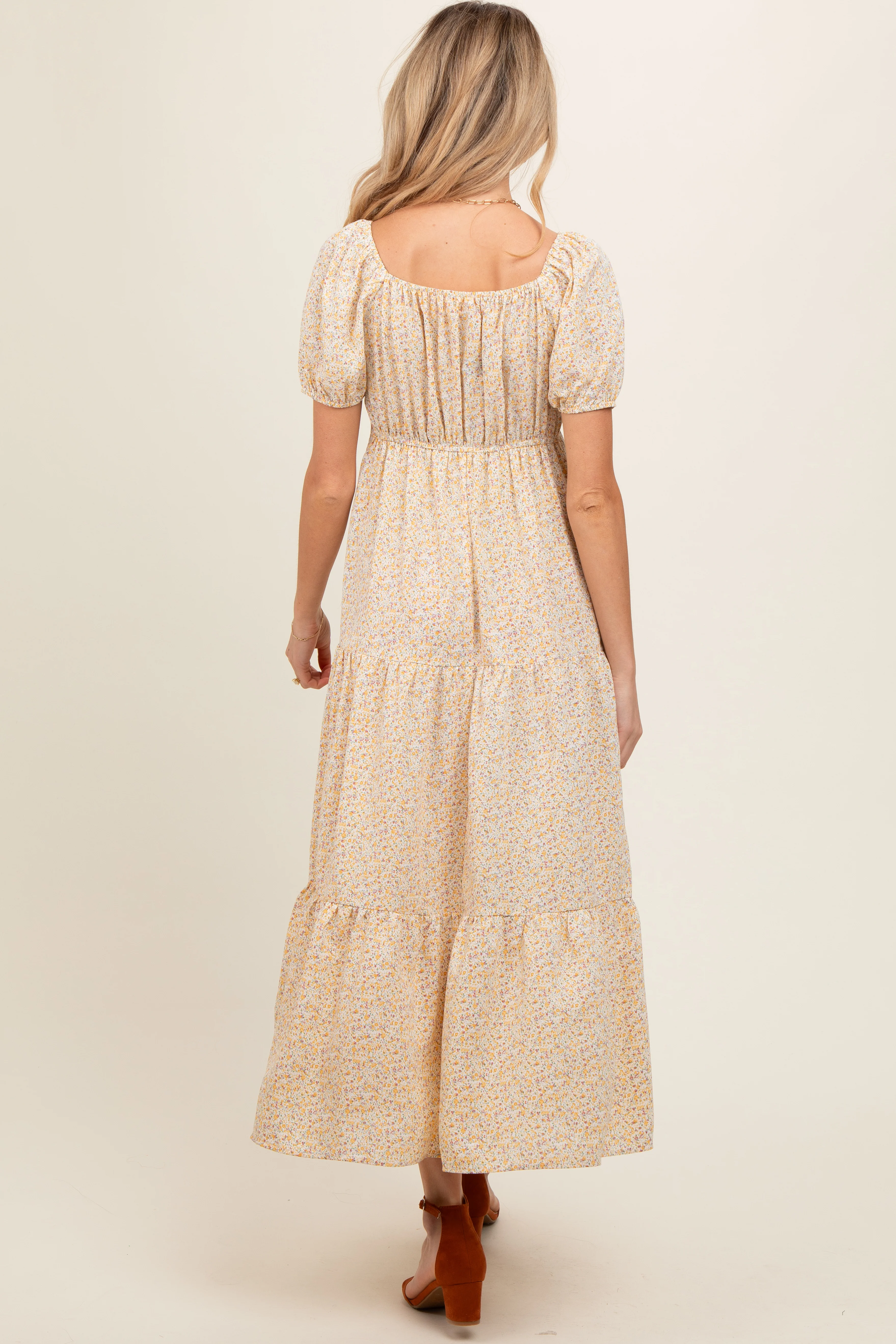 Yellow Ditsy Floral Tiered Maternity Midi Dress - Image 3